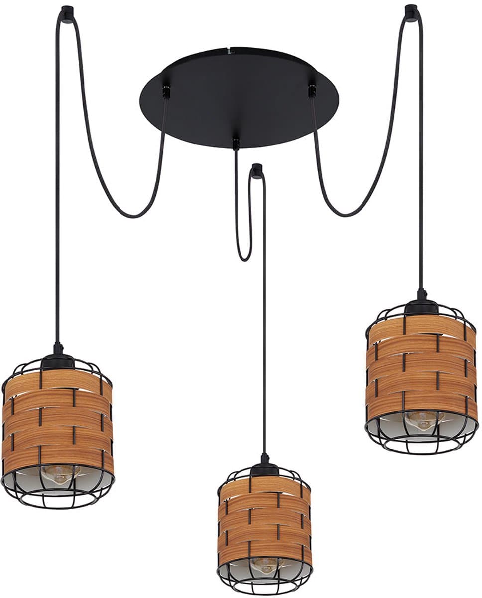 Hanglamp 3 vlammen hanglamp houtlook woonkamerlamp, verstelbaar, metaal kunststof, zwart bruin, 3x E27 fitting, DxH 38,5x200 cm