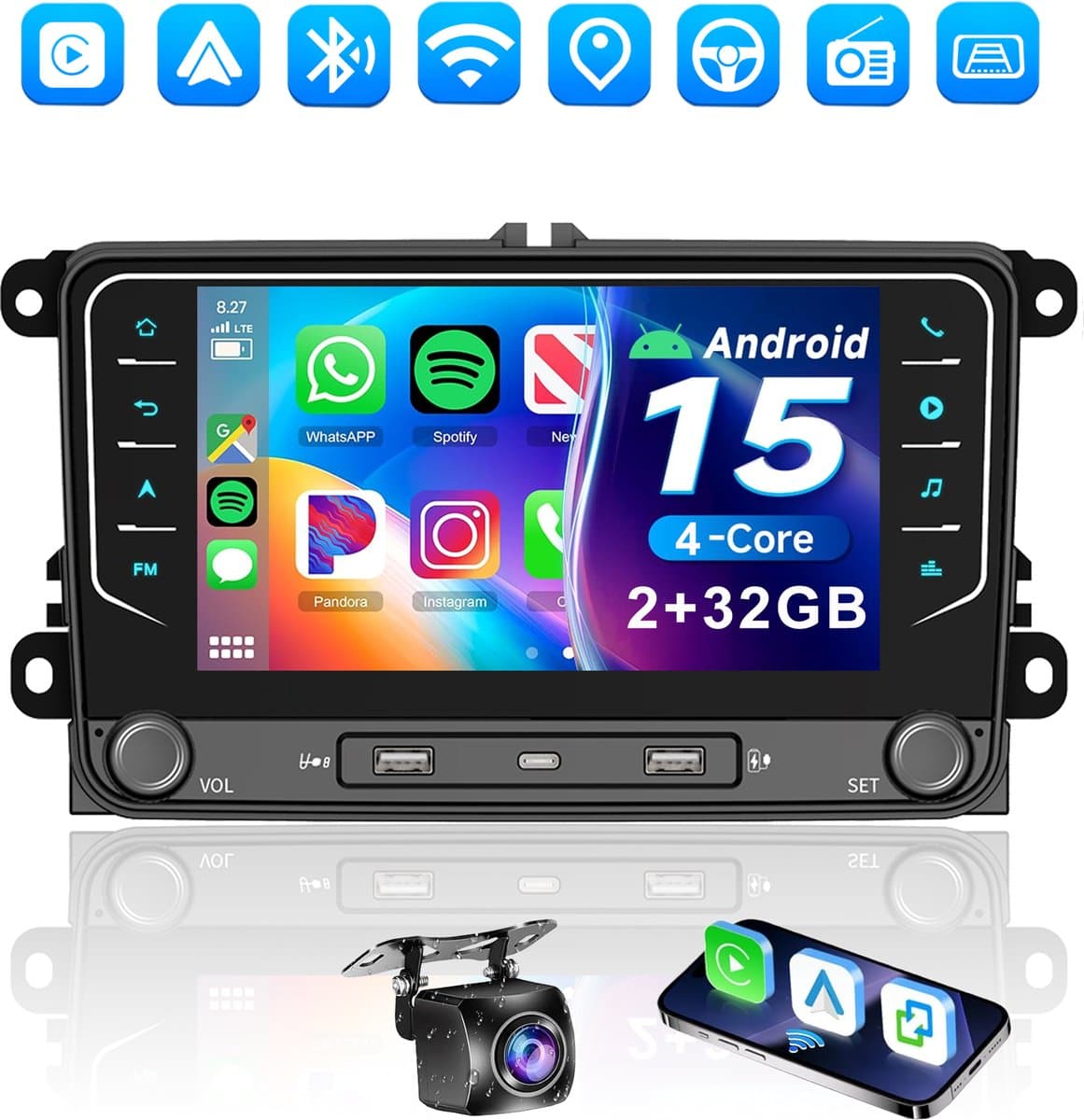 ESSGOO Autoradio - Geschikt voor Volkswagen, Skoda & Seat - Apple Carplay & Android Auto - Android 15 - 2+32GB - 7 Inch HD Touchscreen - GPS, Bluetooth, USB & Type-C, Wifi - Achteruitrijcamera