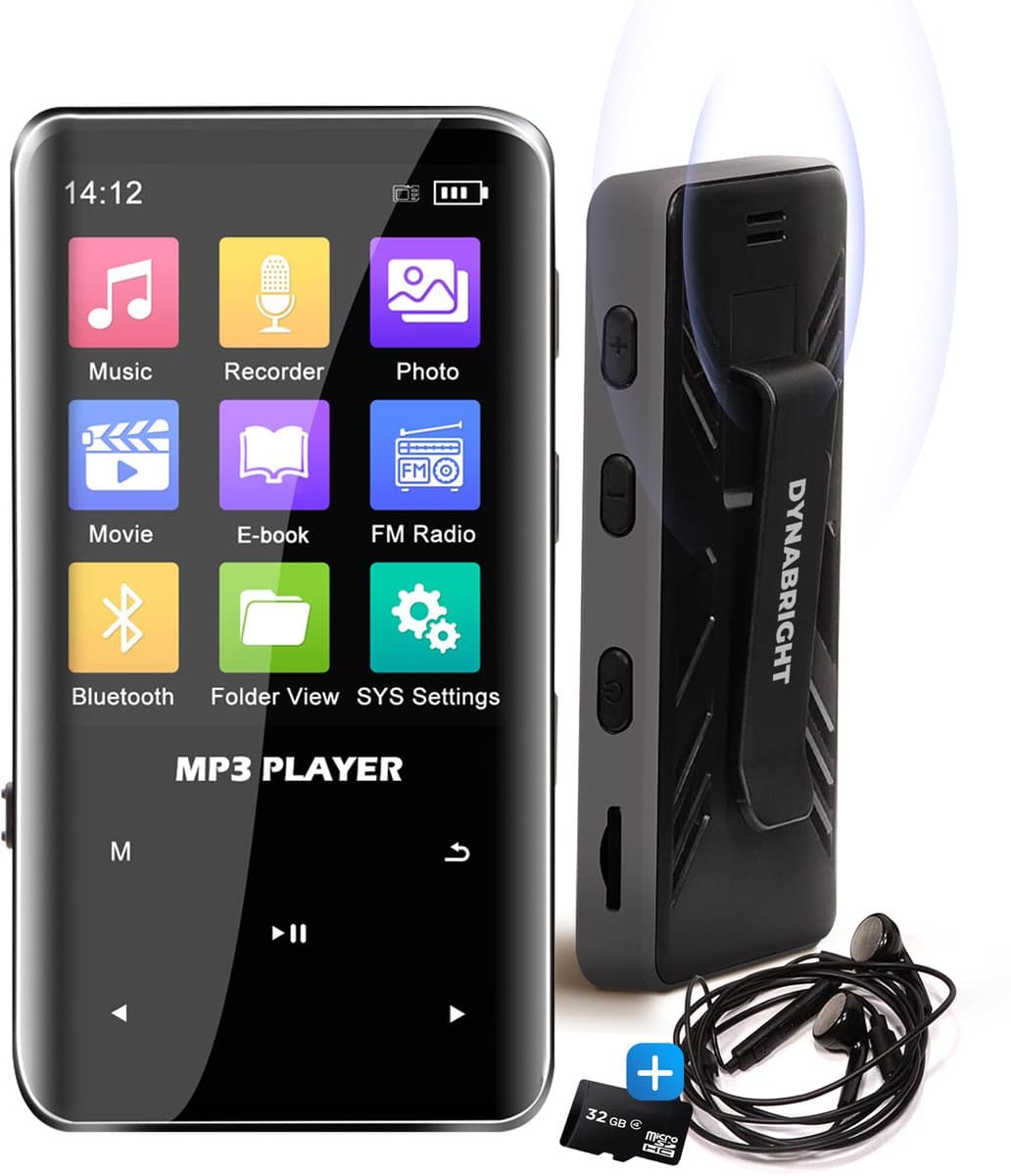 DynaBright - MP3 Speler met Bluetooth - Incl. Oordopjes en 32GB Geheugen - met Clip - MP3/MP4 - Voice Recorder Digitaal - met FM Radio - Zwart
