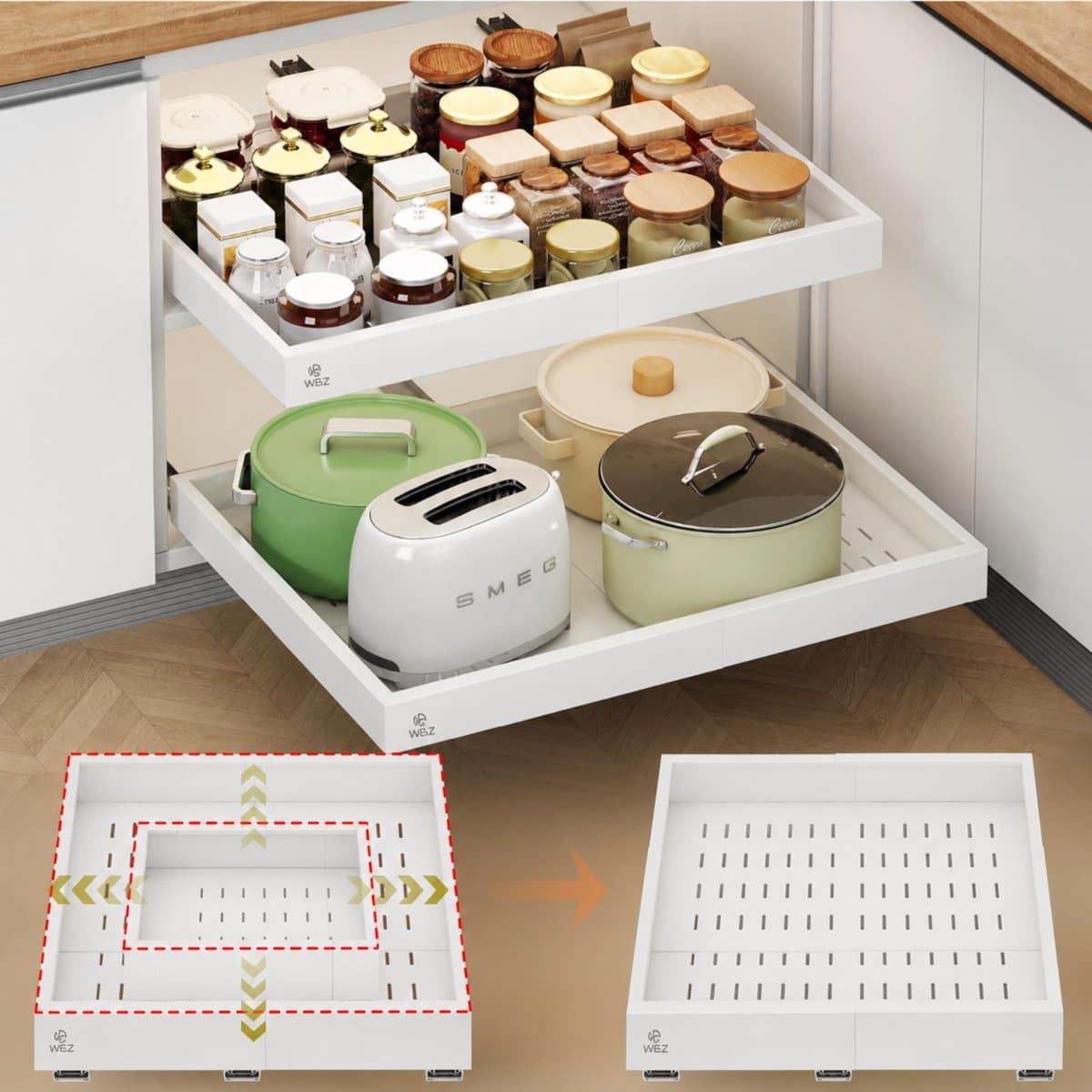 W&Z Schuiflade keukenkast – Keukenkast Organizer – Gootsteenkast/Lade Organizer - binnenlade keuken – Uittrekbaar - Breedte Verstelbaar (29-48 cm) – Diepte verstelbaar (41.5 - 55cm) Telescopisch – Zonder boren - Wit - Schuif lade
