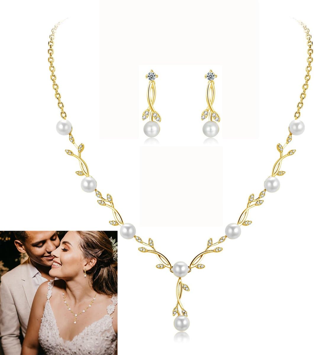 Sieradenset voor dames – Ketting en oorbellen in de vorm van een blad, met parels en zirconia; cadeau voor bruiden en vrouwen ter gelegenheid van een huwelijksjubileum.