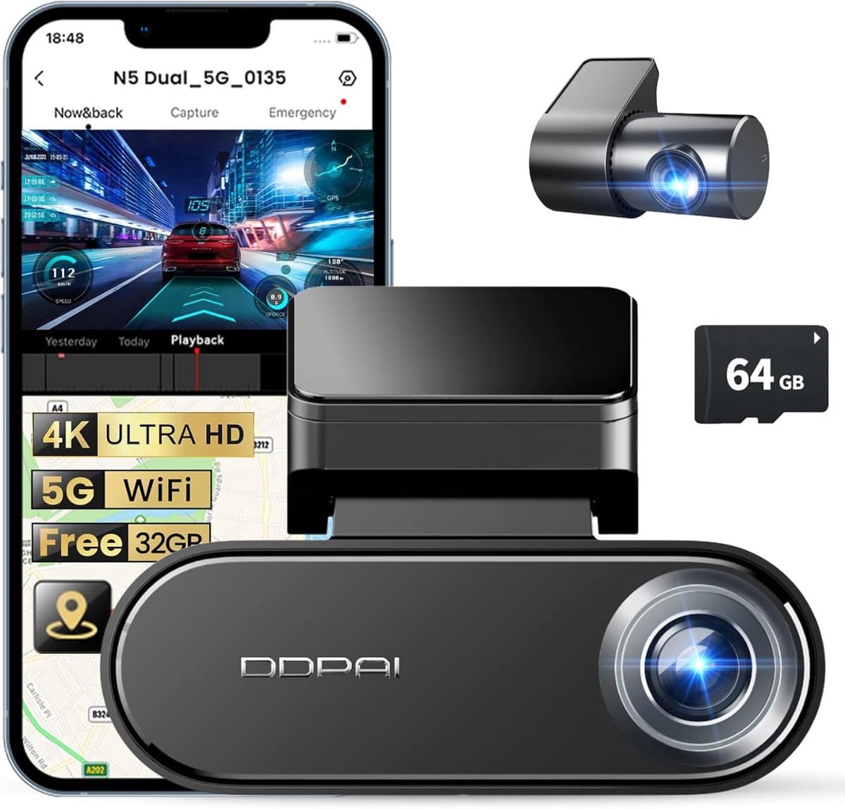 Dashcam - voor Auto - 4K HD - Camera Voor en Achter - G-Sensor - Dual Dashcam - DDPAI N5