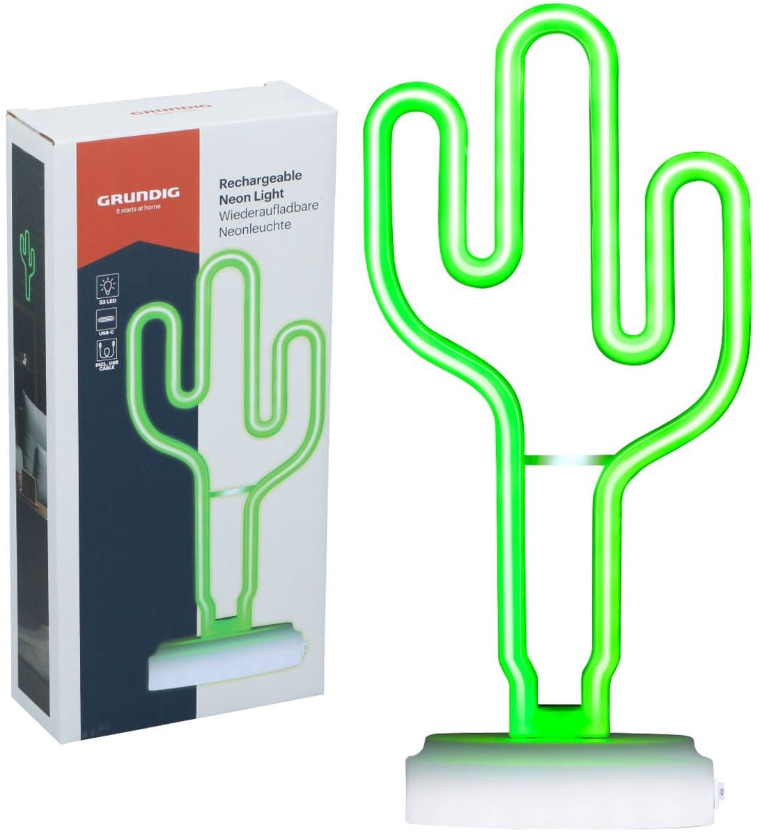 Grundig Tafellamp Oplaadbaar Neon Cactus met 53 LED Lamp - Bureaulamp Led USB-C met Kabel - Sfeerlamp Draadloos Groen