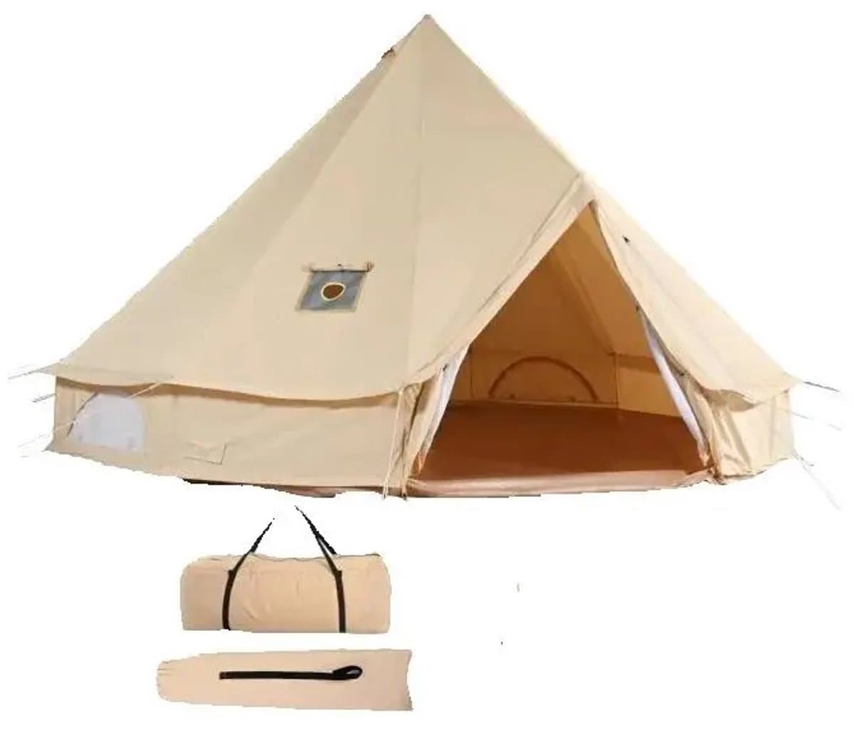 Velmio Tipi Tent - Glamping Tent - 4 Persoons Tent - Canvas - UV Zonbescherming - Kampeertent - Yurt Tent - met Kachelopening - 3 Meter - Beige