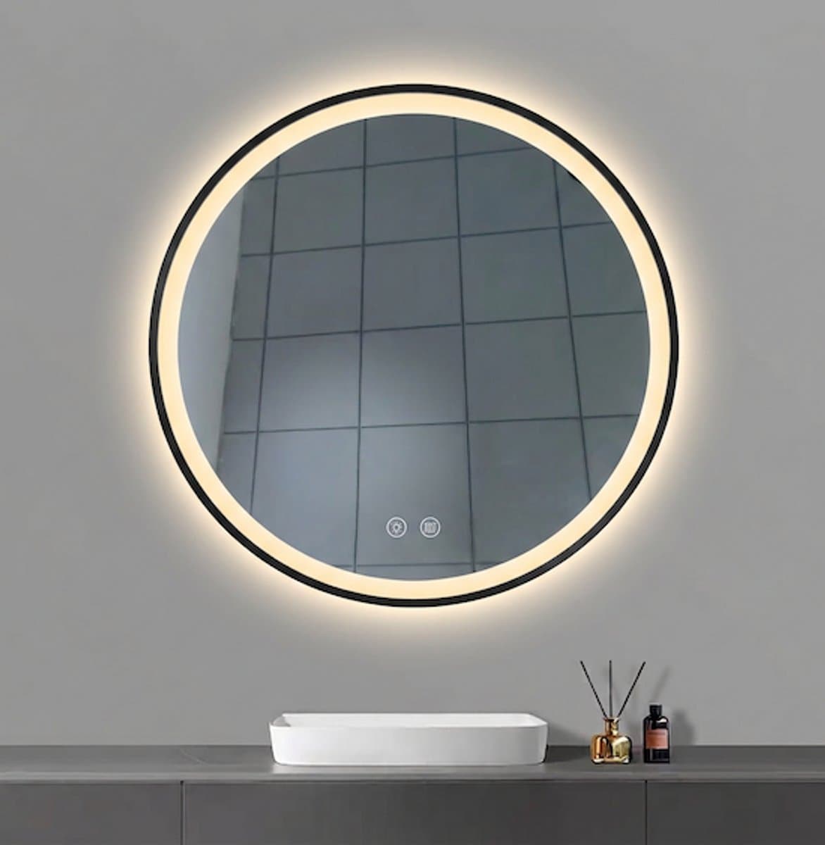 LINEA UNO - Avix 60 x 60 - Mat zwart - Spiegel - Rond - LED-verlichting (dimbaar) - Anti-condens - 301685