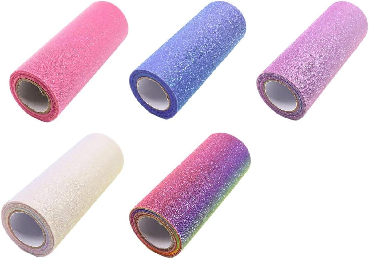 Decoratieve Mesh Lint - Organza Rol - Knutselen en Decoreren - Met Zilver Glitter - 5 Rollen - Multicolor