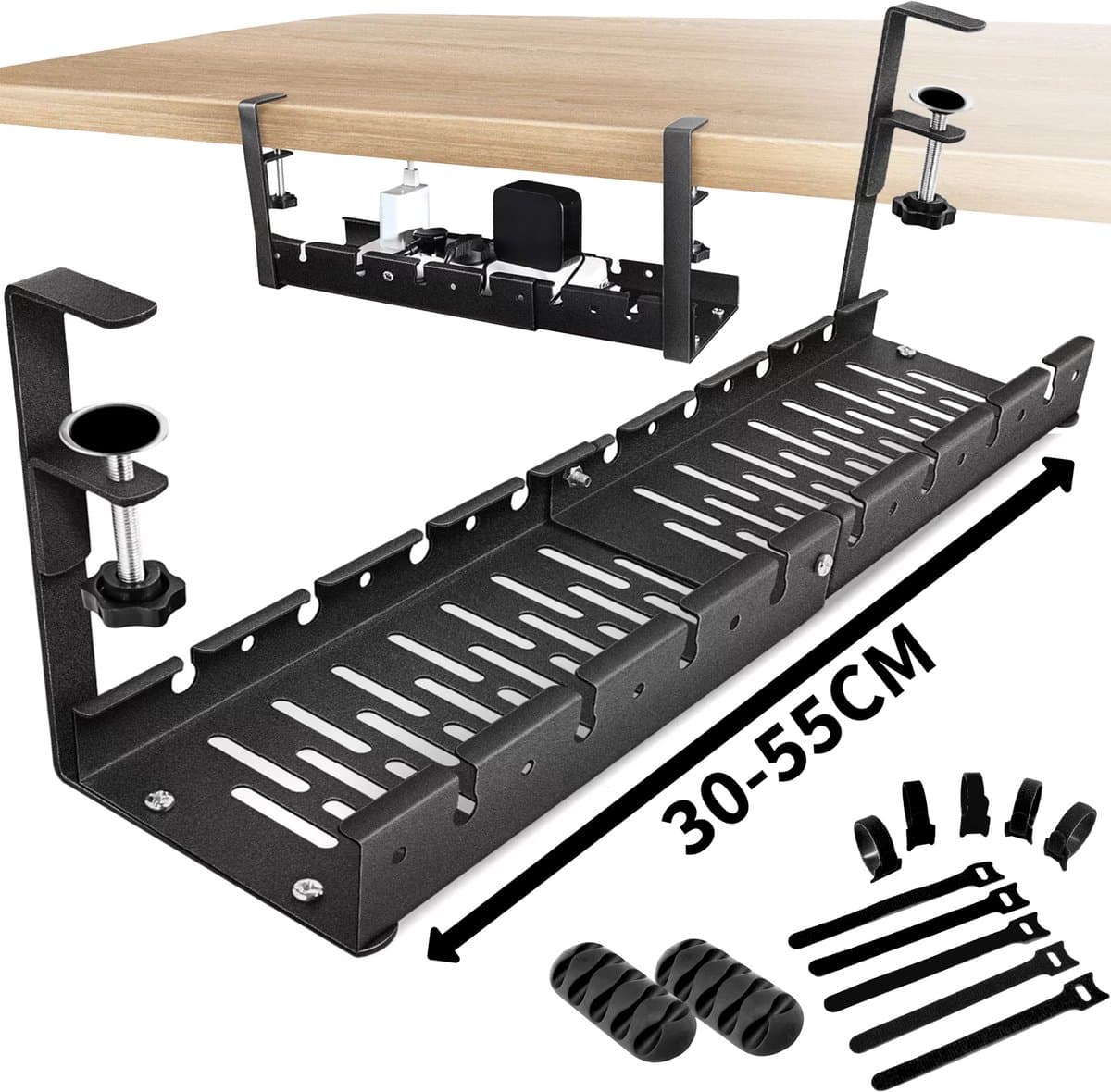 What's Goods - Bureau Kabelgoot - Uitschuifbaar 30-55 cm - Zonder boren - Met kabelbeheeraccessoires