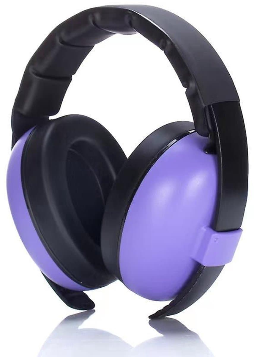 Paarse noise-cancelling koptelefoon met gehoorbescherming voor baby's van 3 maanden tot 2 jaar.