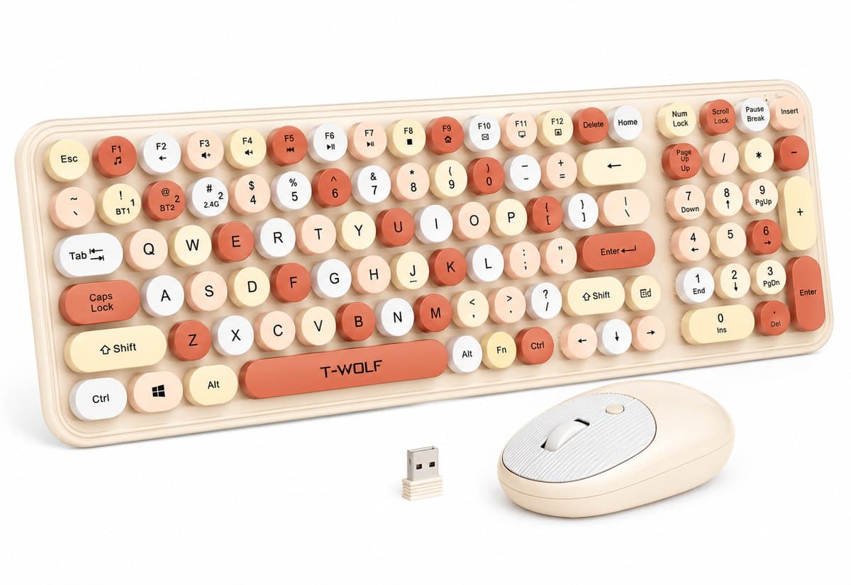 Draadloos Toetsenbord en Muis Set TF350 – 2.4GHz – Retro Ronde Toetsen – Volledig Toetsenbord met Numpad – Stil – Beige/Koraal