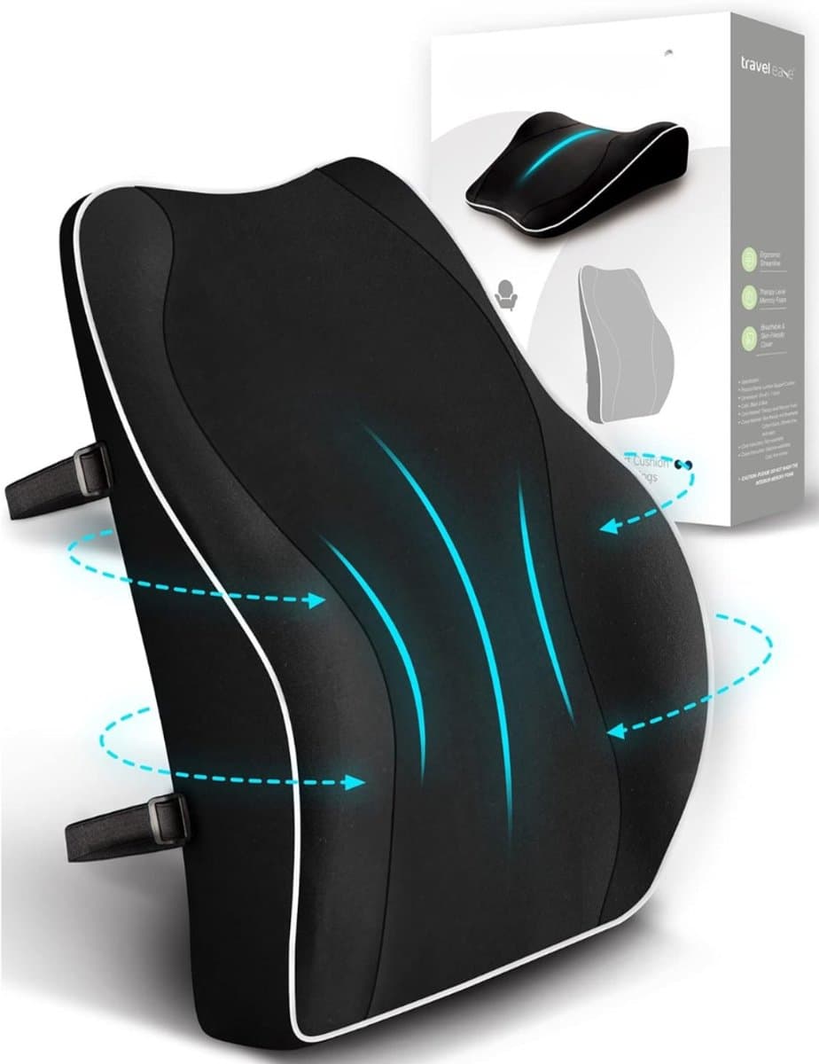 YOR® Travel Ease Ergonomisch Rugkussen Onderrug - Voor Auto, Bureaustoel, Bank en Bed - Rugsteun - Lendensteun - Lendekussen - Thuiswerken – Extra Comfort - Zwart - 43cm x 40cm x 11cm; 0.85 kg