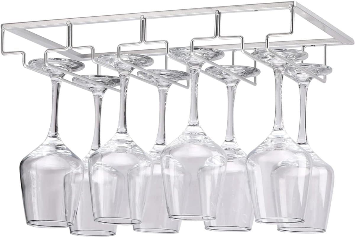 YOR® Ophangrek Wijnglazen - Wijnglazenhouder – Metalen Wijnglazenrek - Glazenrek Met 4 Rijen - Wijnglashouder – Organizer - Stijlvol – Bar, Keuken & Cafe - Hangend – Zilver - 22cm x 40cm x 6cm