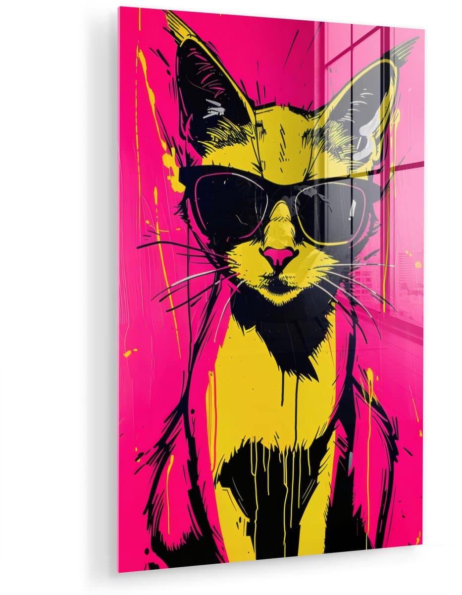 MuchoWow® Glasschilderij 40x60 cm - Schilderij acrylglas - Kat - Art - Zonnebril - Roze - Foto op glas - Muurdecoratie woonkamer - Wanddecoratie slaapkamer - Schilderijen