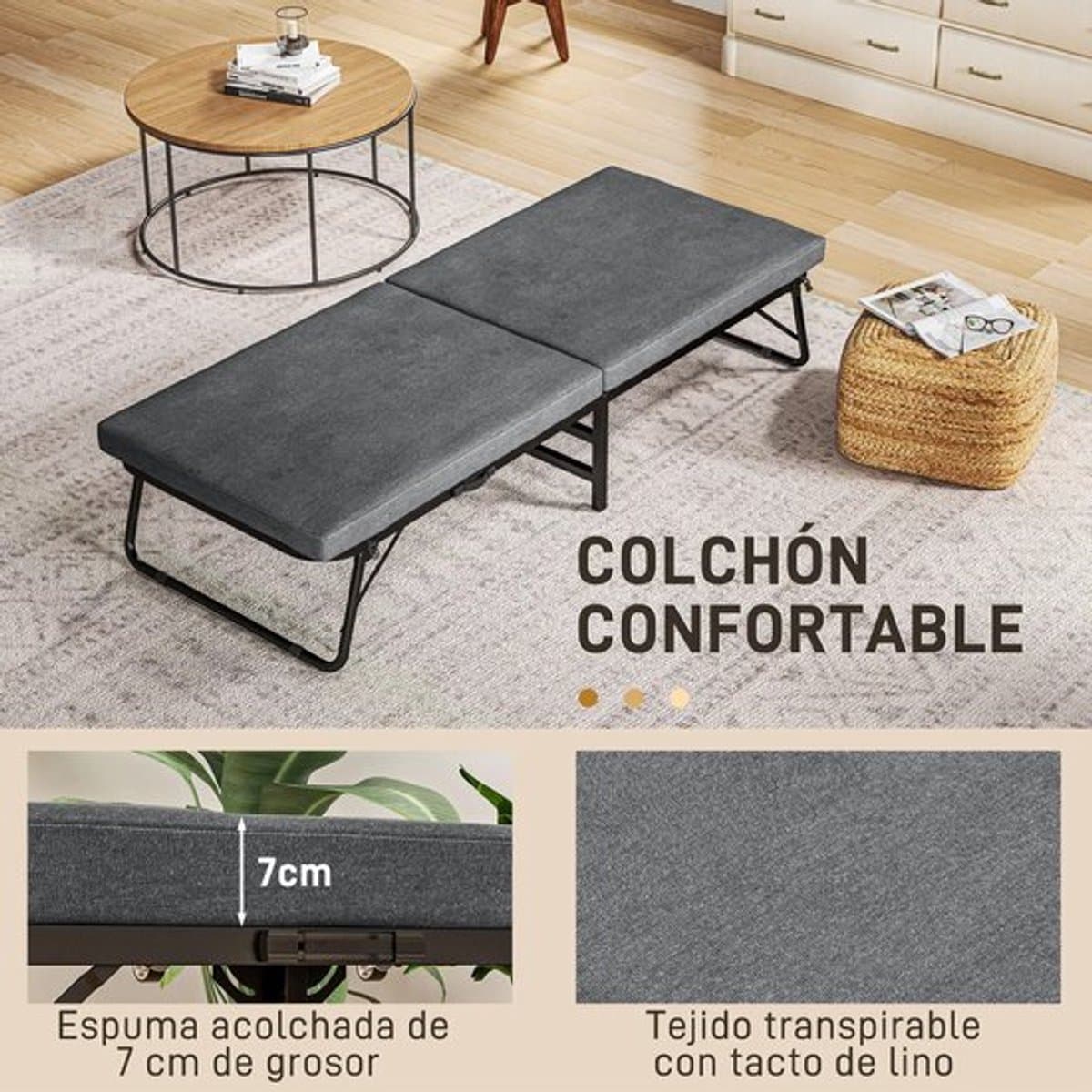 Gran Vida® - Opklapbaar Eenpersoonsbed - Opklapbaar - Comfortabel - 7 cm Dikke Matras - Verstelbare Rugleuning - Grijs - 180x70x38 cm