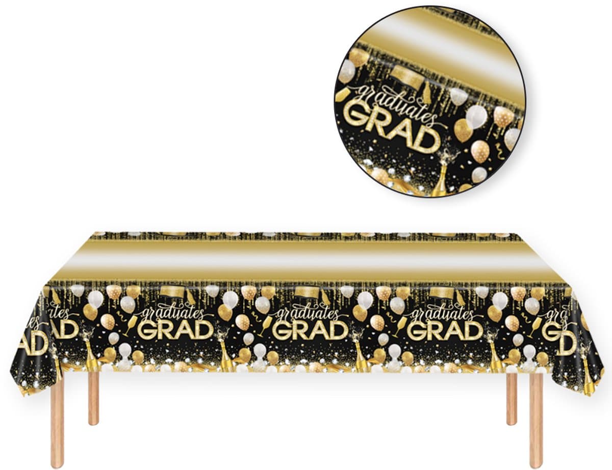 LUQ - Tafelkleed Geslaagd – Zwart, Goud & Wit Plastic Tafelzeil 137x274 cm – Feestdecoratie Afstuderen & Graduation