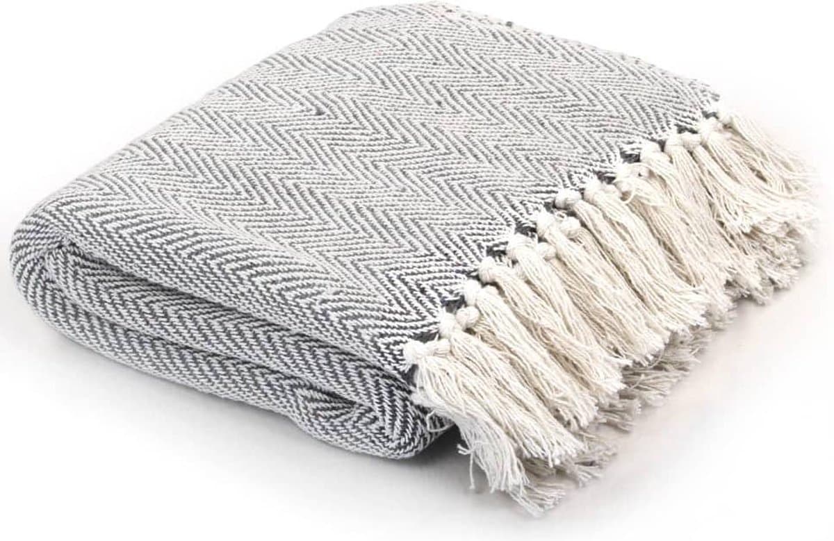 vidaXL - Plaid - visgraat - 160x210 - cm - katoen - grijs