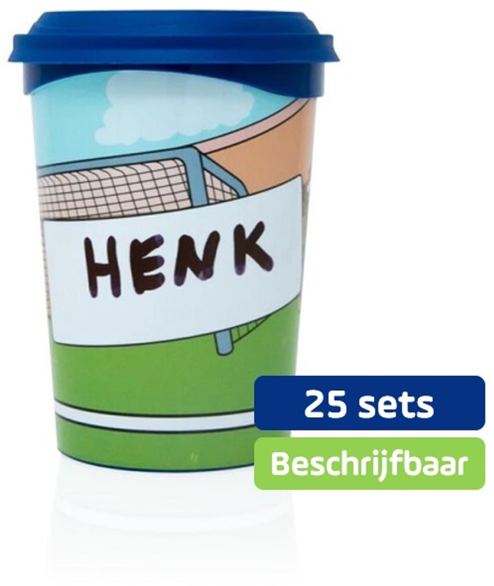 25 x Beschrijfbare party beker Voetbal (350 ml), incl. deksel en uitwisbare stift - leuk voor kinderfeestjes en traktaties