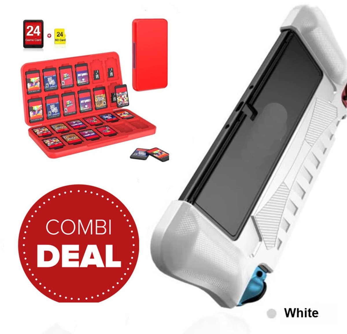 Actie4you® - Geschikt voor Nintendo Switch OLED - Hoesje Schokbestendig - TPU Case met Kickstand – Combo Deal met 24 slots game card case - Wit