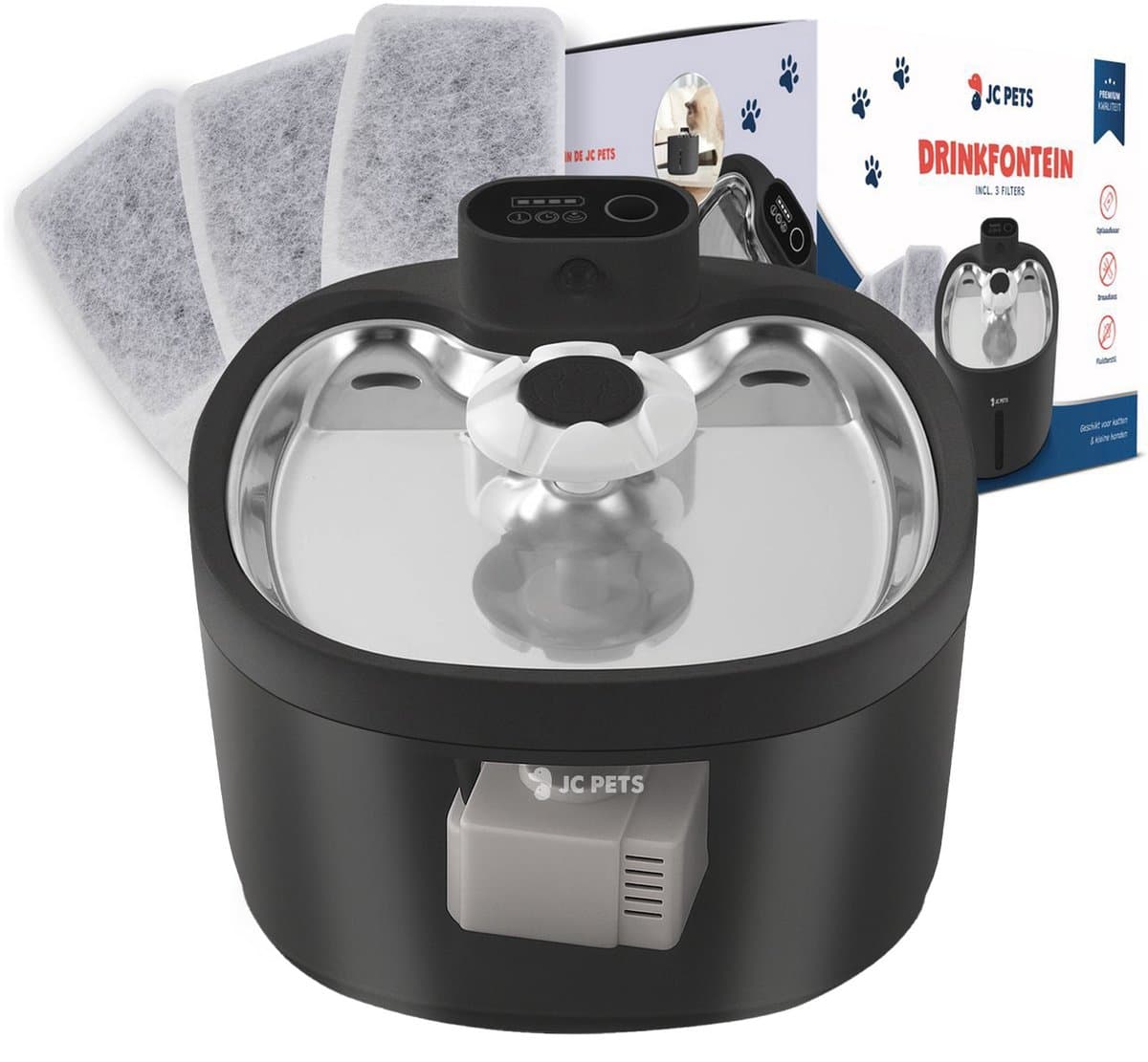 JC Pets Premium Drinkfontein voor Kat en Hond - Draadloze Waterfontein met Sensor - Katten Fontein - Waterbak Automatisch - RVS - Fluisterstil - Inclusief 9 filters - Zwart & Transparant