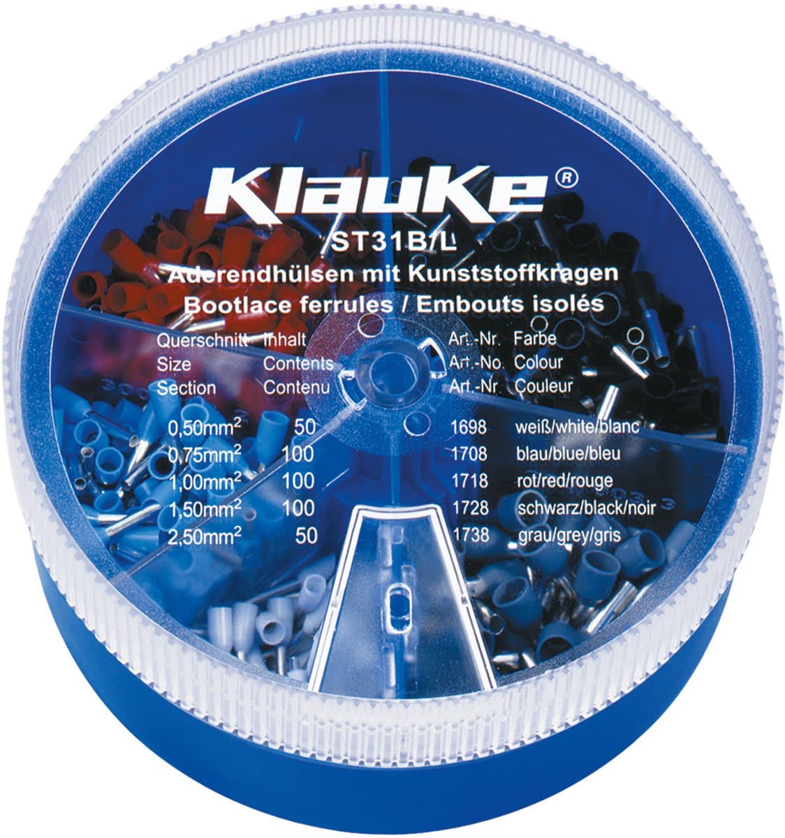 Klauke ST31B Assortiment adereindhulzen 0.5 mm², 0.75 mm², 1 mm², 1.5 mm², 2.5 mm² Deels geïsoleerd Wit, Blauw, Rood, Z