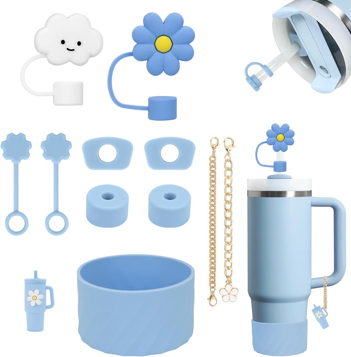 Stanley Cup accessoires - Lekbescherming beker pakket - Rietjesafdekking met hangers - Siliconen bodembeschermer onderzijde - Herbruikbaar en afwasbaar - Elfdelige complete beschermset - Blauw - Geschikt 850-1200 ml