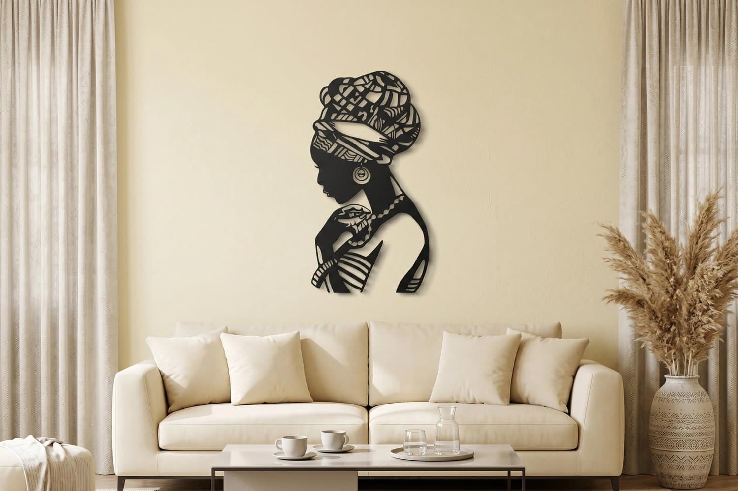 VAILLA Houten Afrikaanse Vrouw Wanddecoratie Zwart – 3D Boho Wandkunst Slaapkamer – 54 x 100 cm