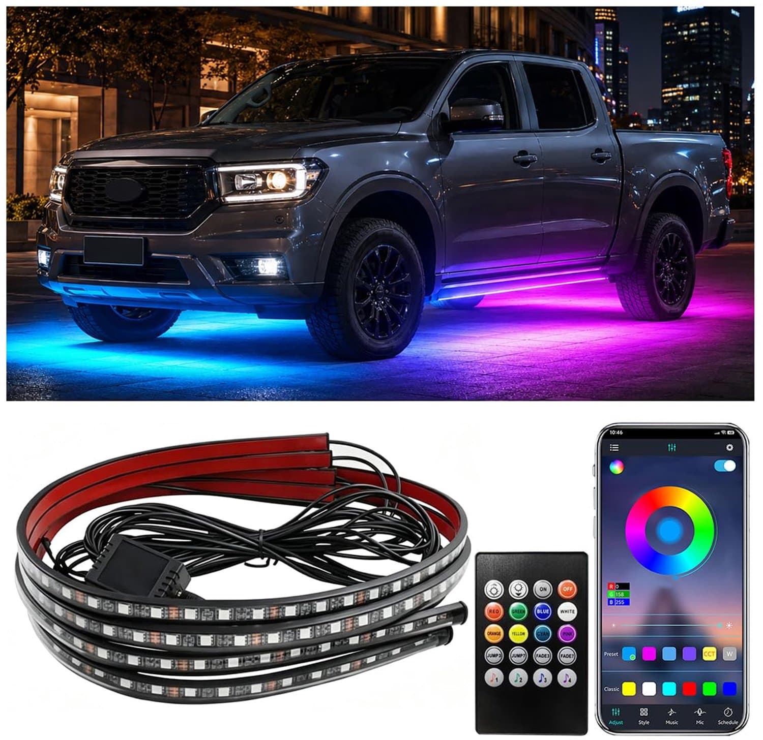4-delige set onder licht voor auto, meerkleurige lichtset voor auto met app en muzieksynchronisatie, waterdichte - ShopVlot