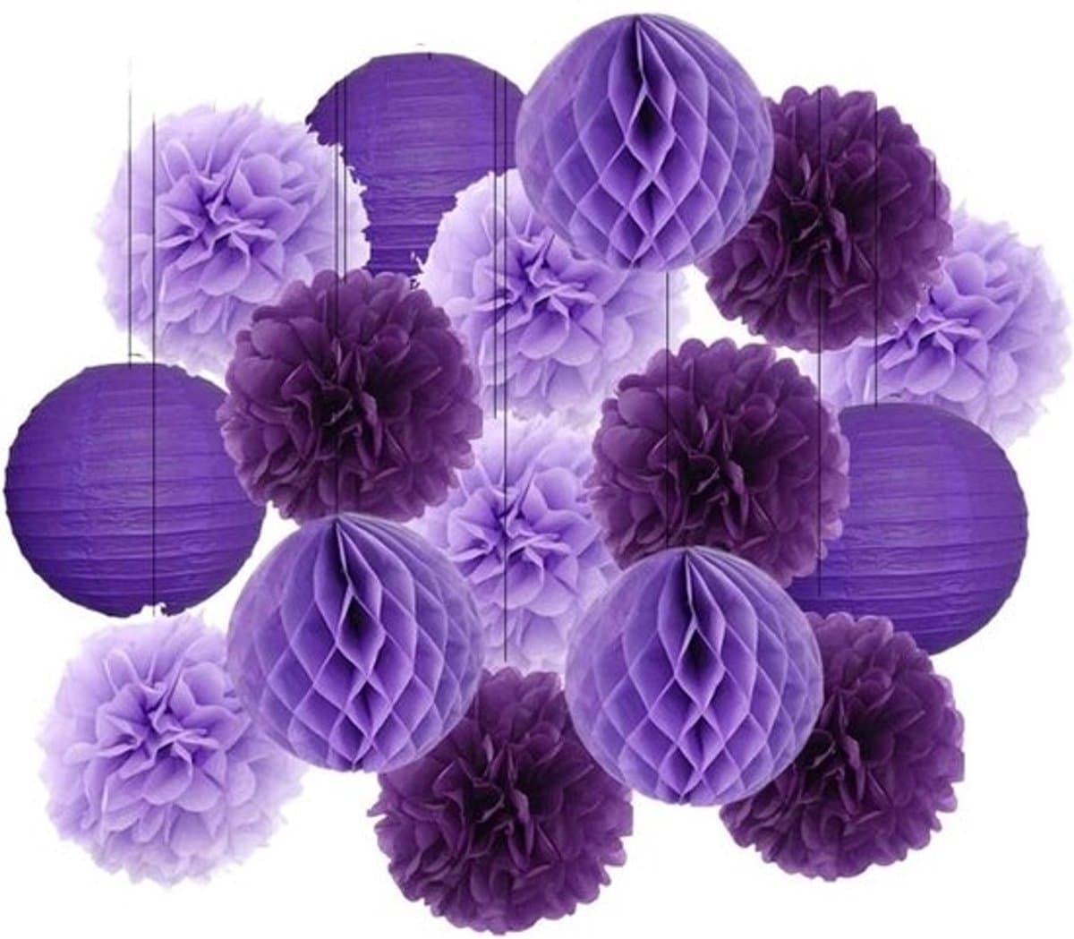 Papieren Pompom Set - Decoratie Bloemen - Feestversiering - Duurzaam Materiaal - 20 cm - Paarse set