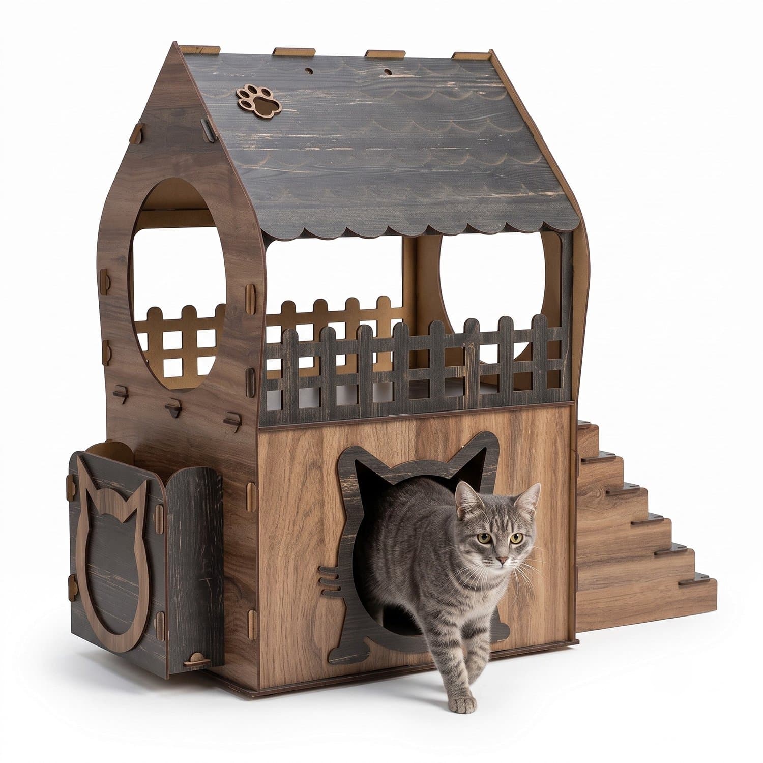 Kattenhuis Binnen XL Hout - Kattenhuisjes Binnen met Trap - Kattenhol 2 Verdiepingen - Kattenhok voor 1 of 2 Katten - Katten Huisje Zonder Schroeven of Lijm - Kattenmand Kattenmeubel Speelhuis - Jungengel - 66 x 68 x 35 cm