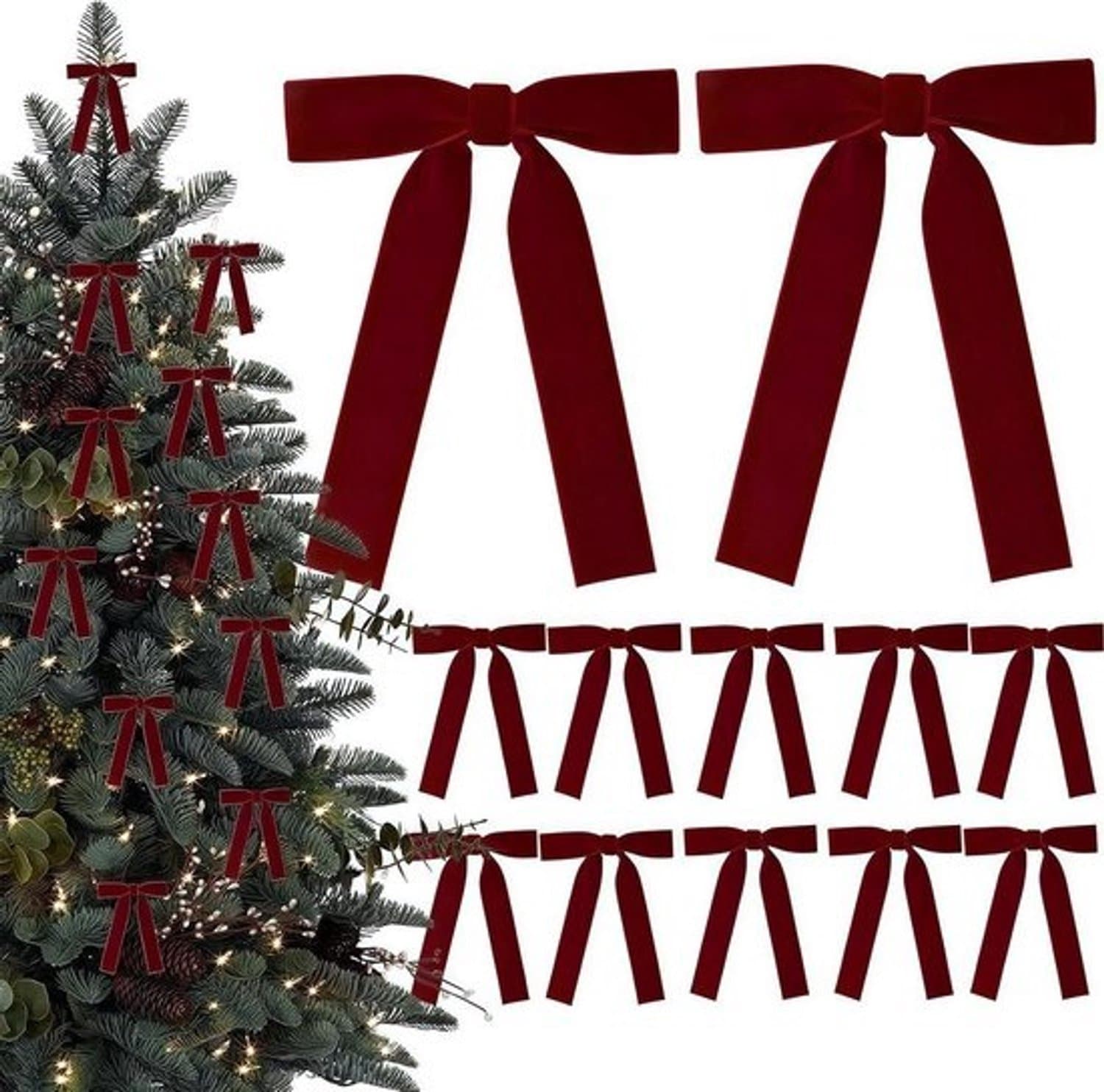 Fluwelen Strikken - Kerstboomdecoratie - Kerstversiering - Zacht en Dik Fluweel - 13 x 17 cm - Bordeaux