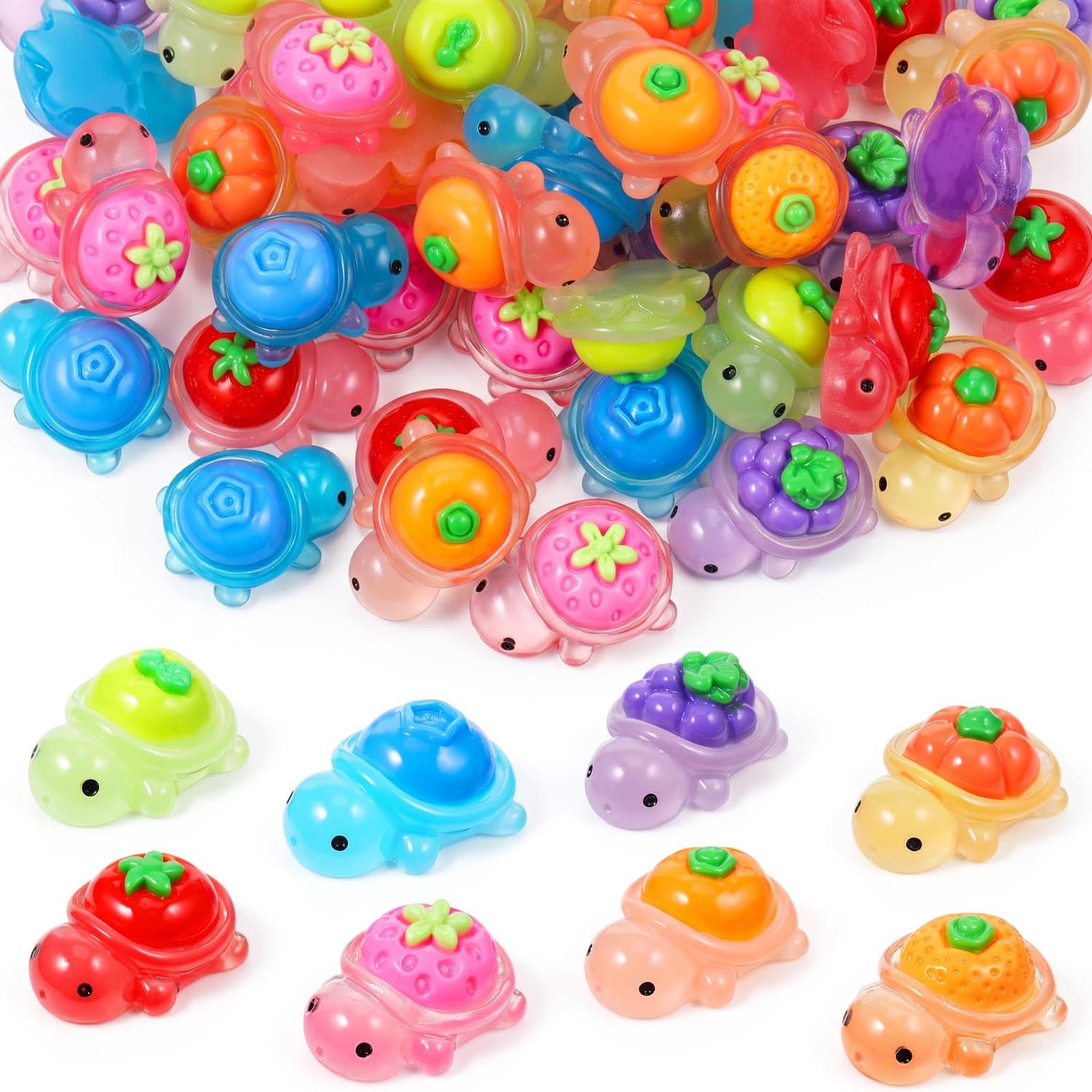 Namajunas - mini schildpadje van hars met gloeiend effect - set van 120 stuks - 15 stuks per fruitvorm - kleine dieren decoratie - mini schildpad decoratie - voor DIY-knutselwerken met miniatuur landschappen in een feeëntuin of terrarium
