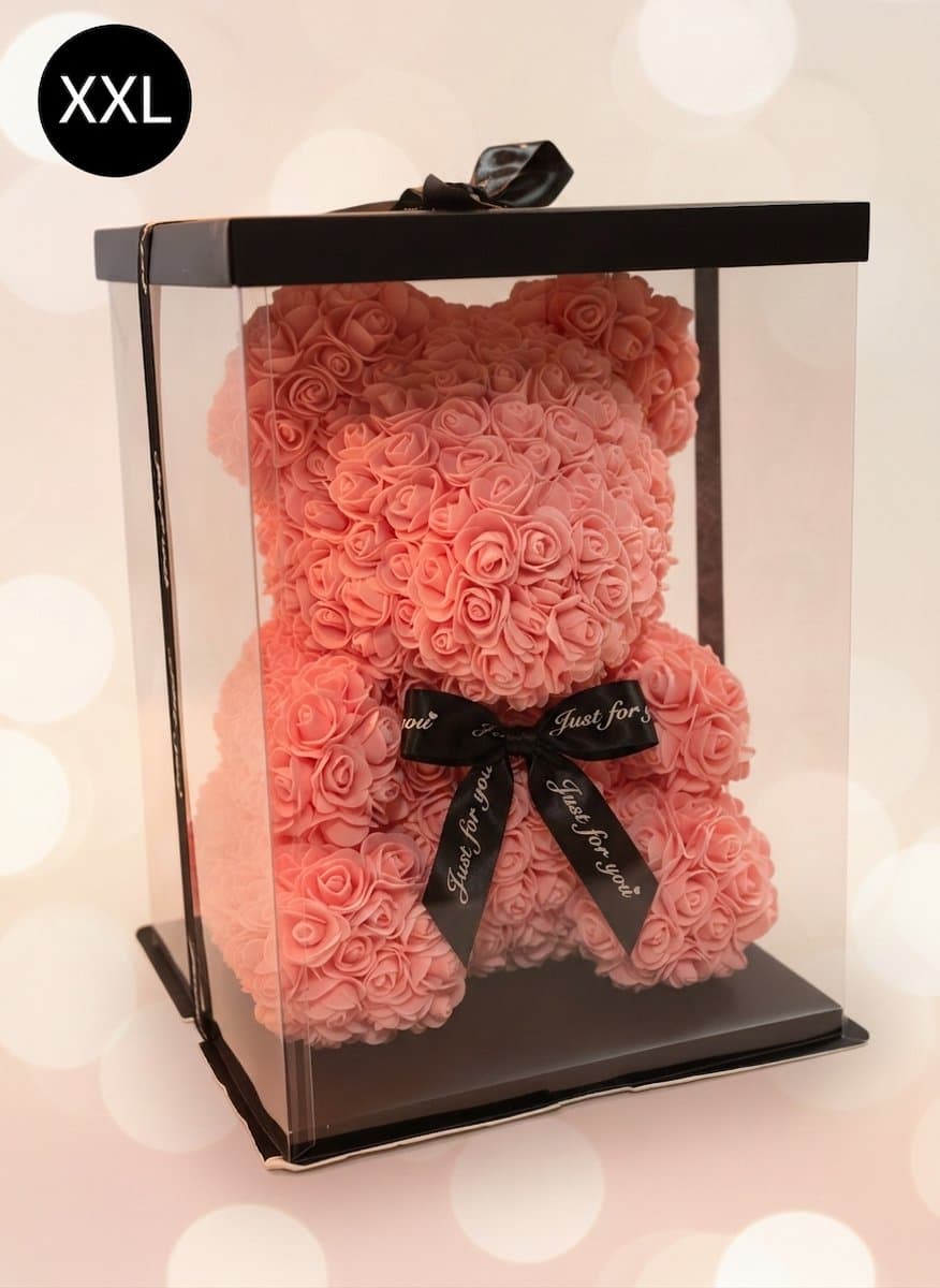 XXL - 40 cm - Rose Bear met strik & giftbox - Rozen Beer - Valentijn - Kerst - Romantisch Liefdes cadeautje - Cadeau voor vrouw - Huwelijk - Vriendin - Rosé
