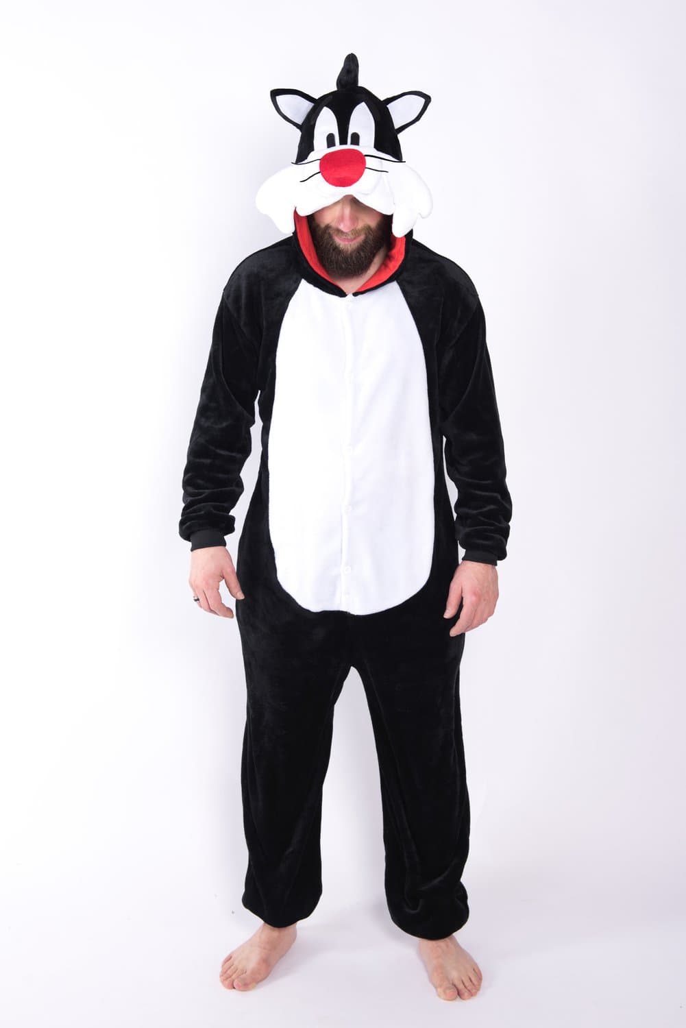 Let op: B-Keuze - KIMU® Onesie Sylvester Pak Kostuum - Maat S-M of 158-164 - Zwart Wit Poes Kattenpak Jumpsuit Huispak Kat Volwassenen Dames Heren Fleece Halloween