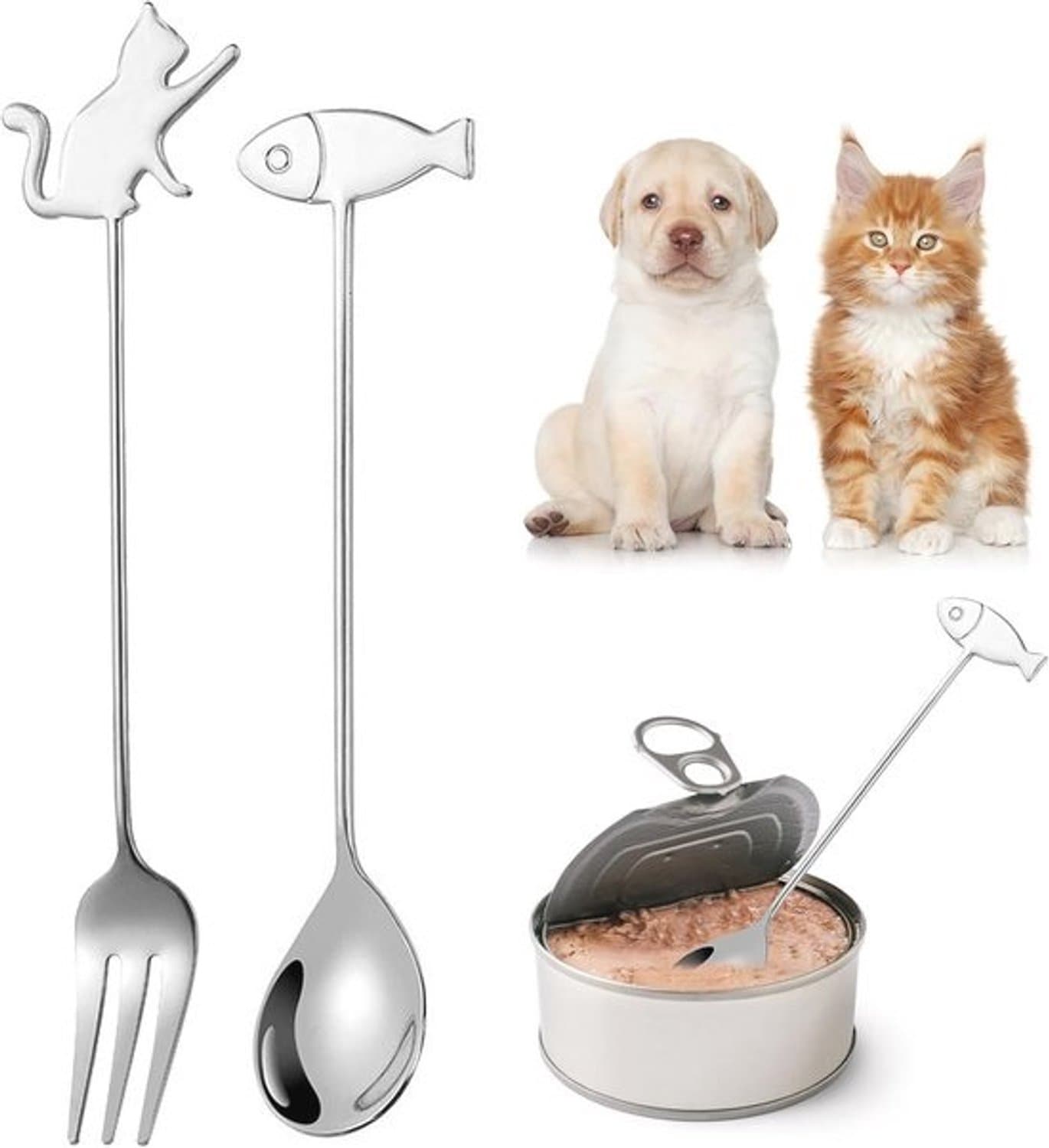 Voedingsset voor katten en honden - Roestvrijstalen vork en lepel voor natvoer