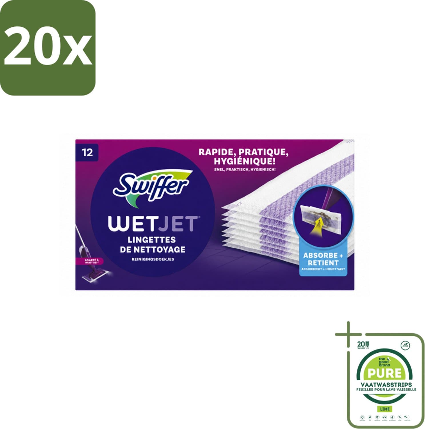 20 x Swiffer - WetJet – Reinigingsdoekjes – Navullingen – 12 doekjes - Grootverpakking - Vaatwasstrips - Absorberende Navuldoekjes - Spraymop Doekjes - Vloer Reinigen - Vuil Opnemen - Vet Opnemen