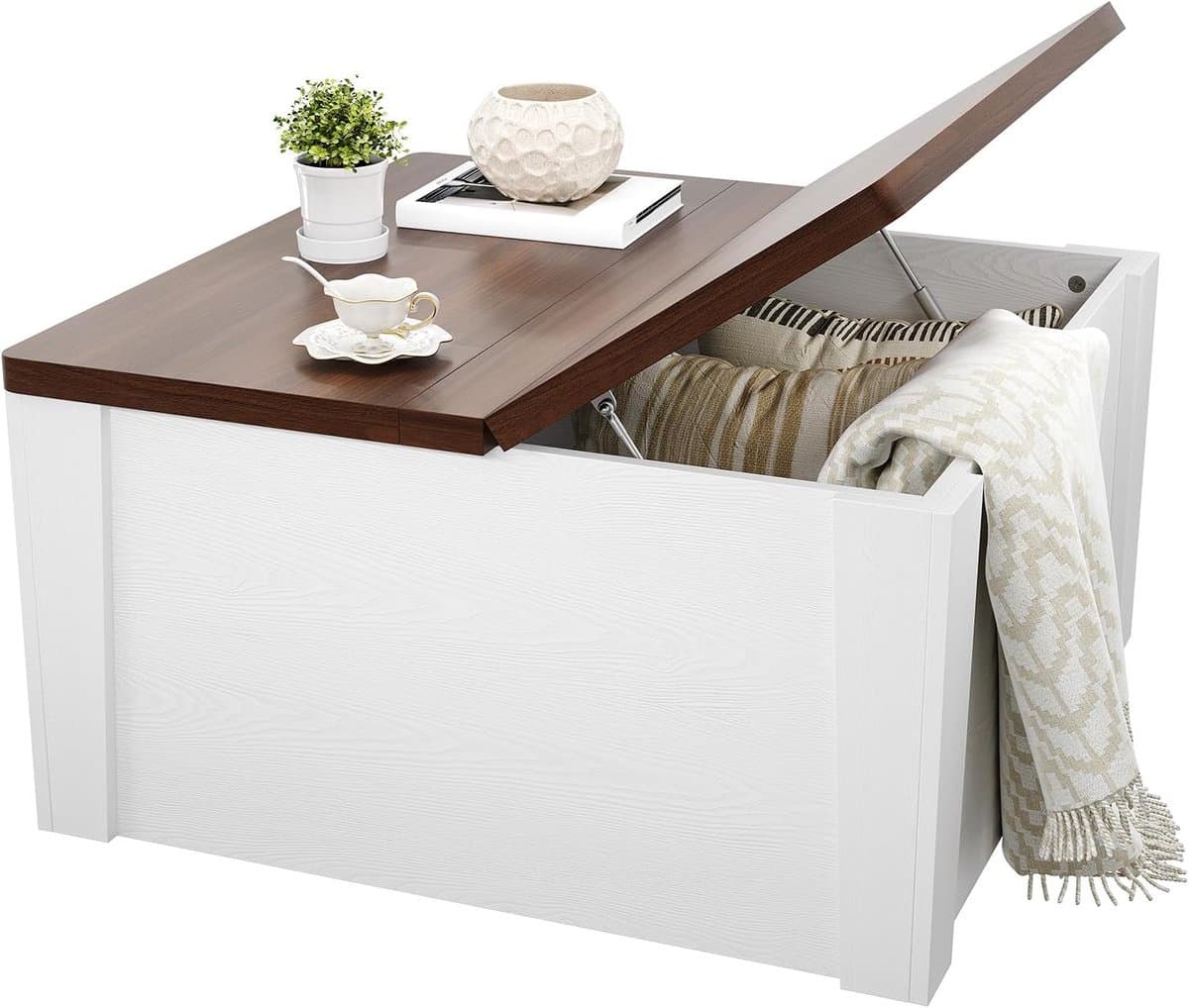 2-in-1 salontafel met opklapbaar blad- bijzettafel en verborgen opbergruimte- 80*80*41 cm- dik MDF en stevig metalen frame- wit + walnoot