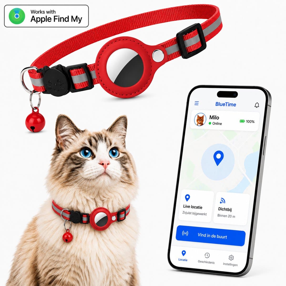 BlueTime ® - Kattenhalsband inclusief Tag - Halsband Kat & Kitten met Kattenbelletje - Gps Tracker Kat zonder Abonnement - Geschikt voor Apple Find My - Kattenbandje, Poes, Kattenriem air & Tuigje met Houder - Rood