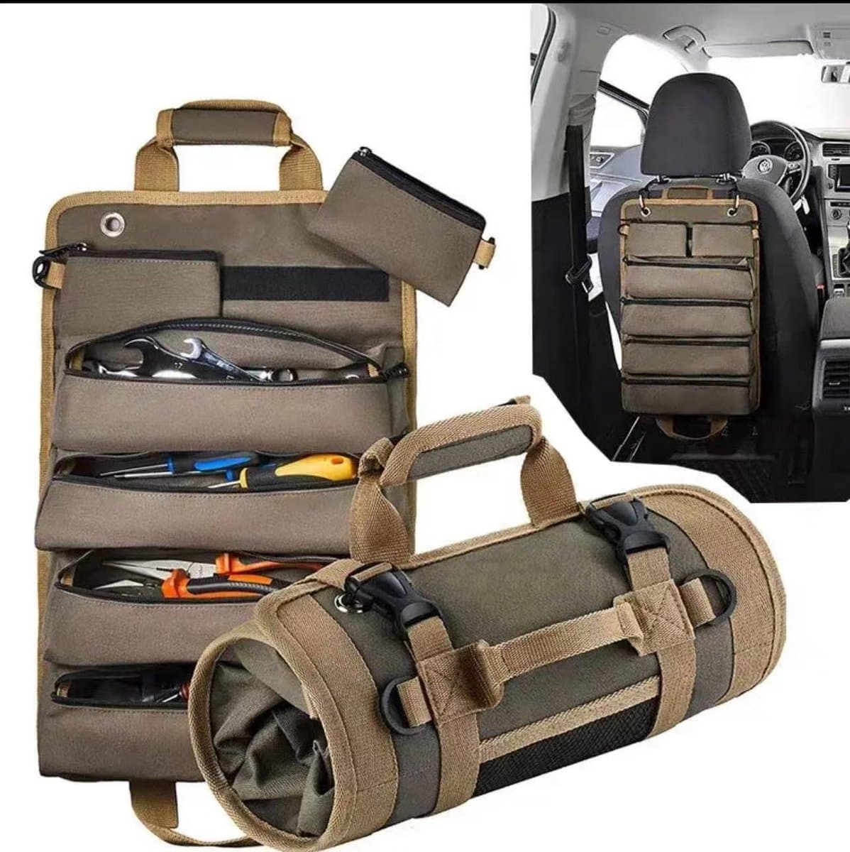KZQ Gereedschapsrol canvas - Heavy duty opbergtas met kleine vakken, oprolsysteem - Voor monteurs, lassers & klussers - bruin