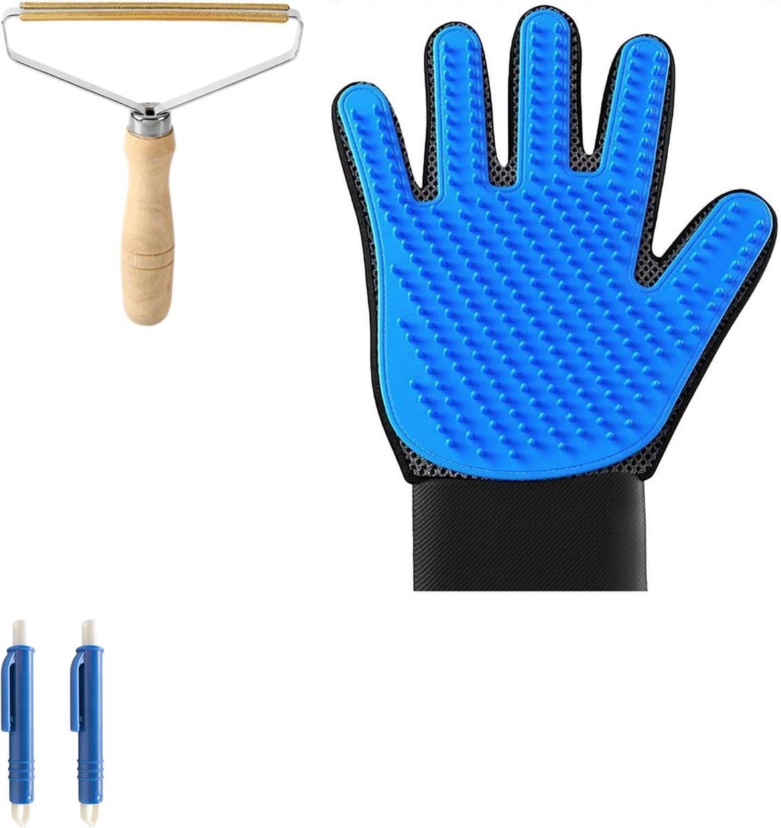 Professor Q Vachtverzorgingsset - Vachthandschoen Blauw - 2 Blauwe Tekenpincetten - Pluizenverwijderaar