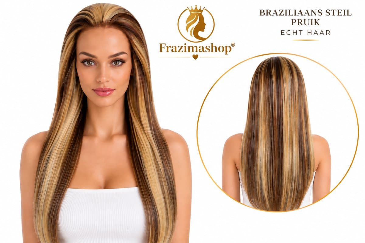 Frazimashop 13x4 Lace Front Pruik – 100% Human Hair – Steil – Braziliaans Remy Haar – 28 Inch – Bruin/Blonde – Luxe Dames Pruik