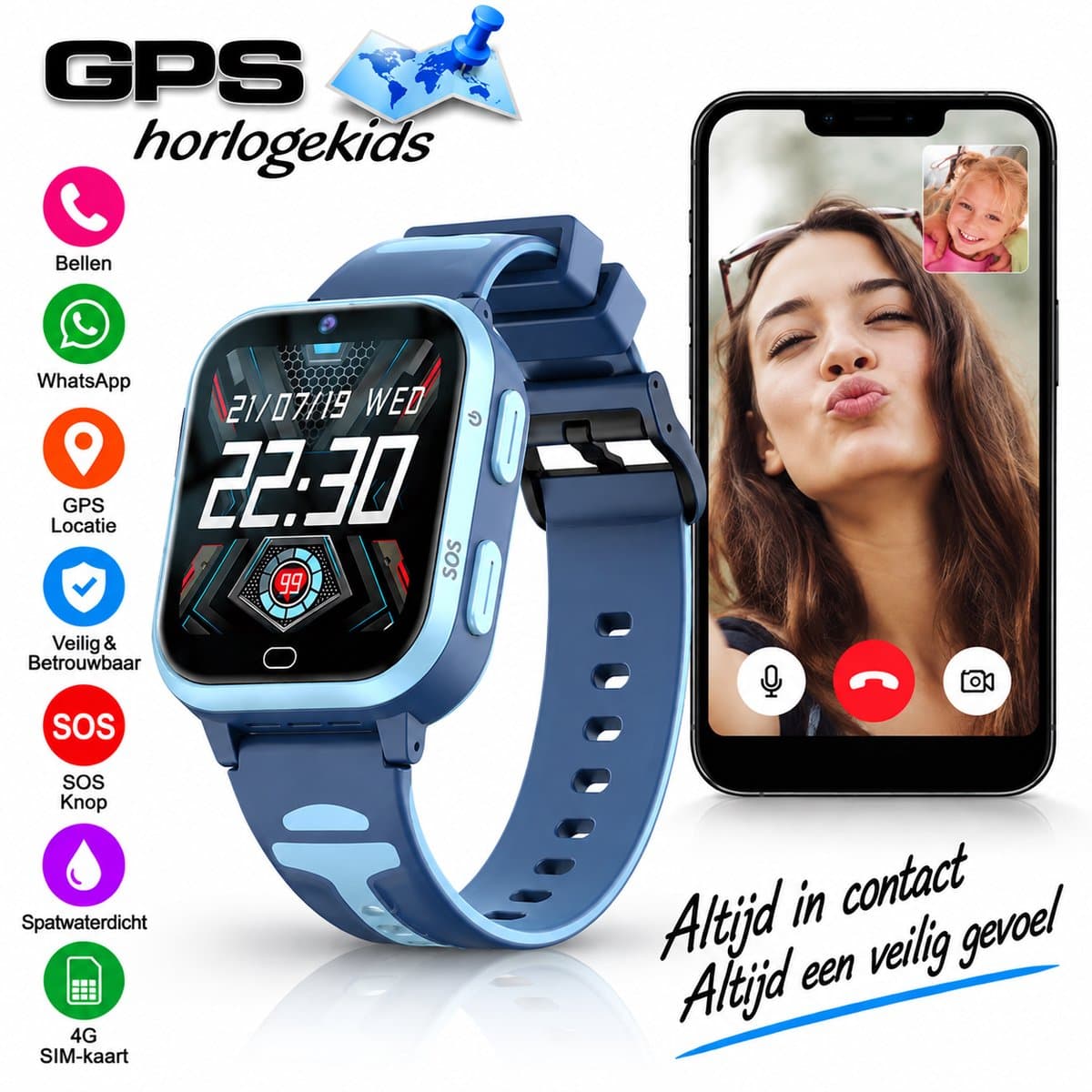 GPSHorlogeKids© - GPS horloge kind - smartwatch kinderen - WhatsApp - 4G videobellen - spatwaterdicht - SOS alarm - SMS - incl. SIM - Yoda Blauw