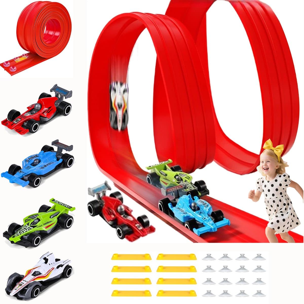 Flexibele racebaan met 2 rijstroken voor kinderen – 4 meter lange, flexibele racebaan met sterke zuignappen; oprolbaar, draagbaar en zelf samen te stellen; geschikt voor 1:64 gegoten auto's.