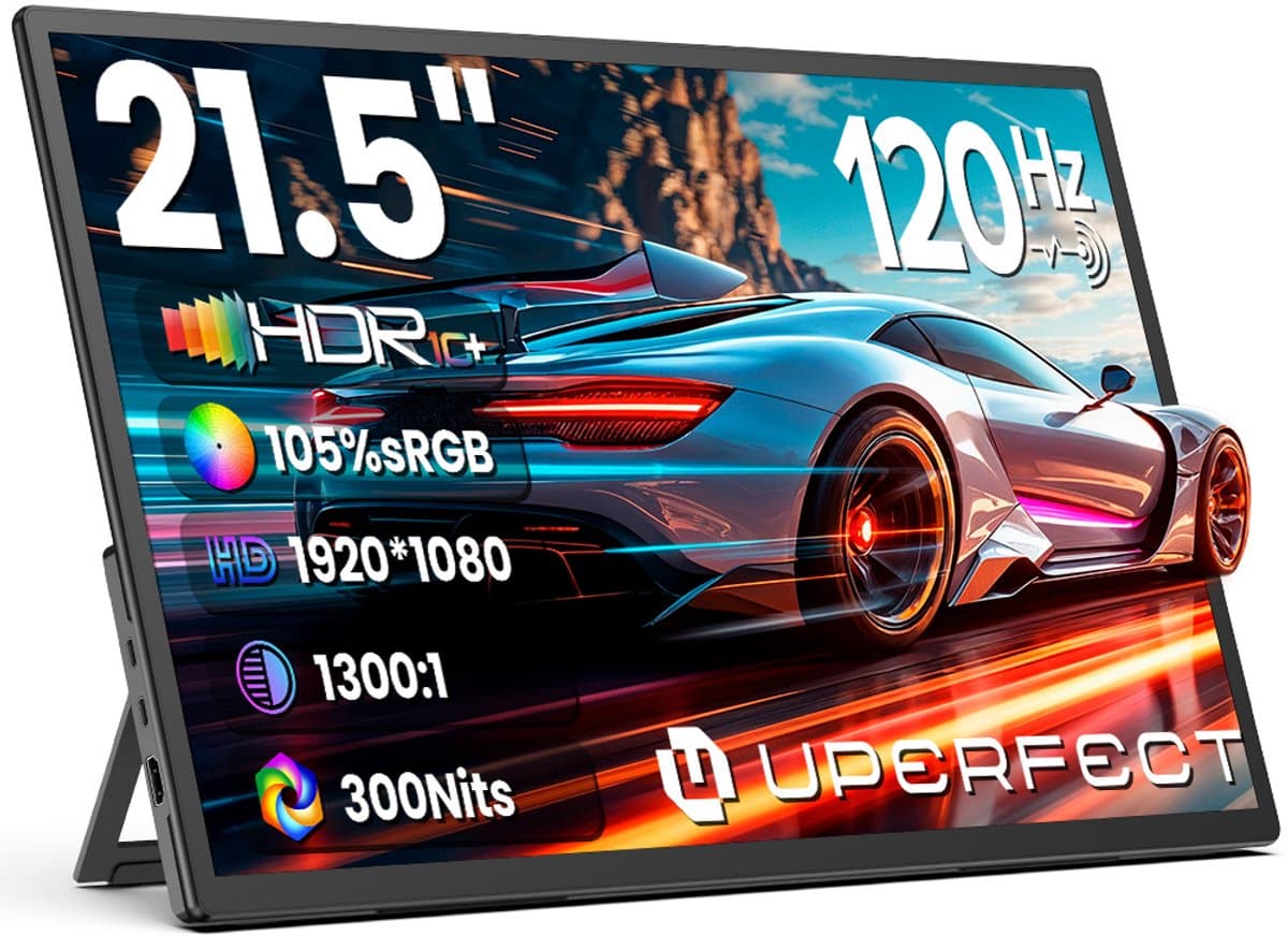 UPERFECT Draagbare monitor 21,5 inch 120 Hz gamingmonitor 1920 × 1080 FHD IPS USB-C & Mini-HDMI-poort met geïntegreerde standaard, tweede scherm voor laptop/telefoon/spelconsole, VESA-montage mogelijk