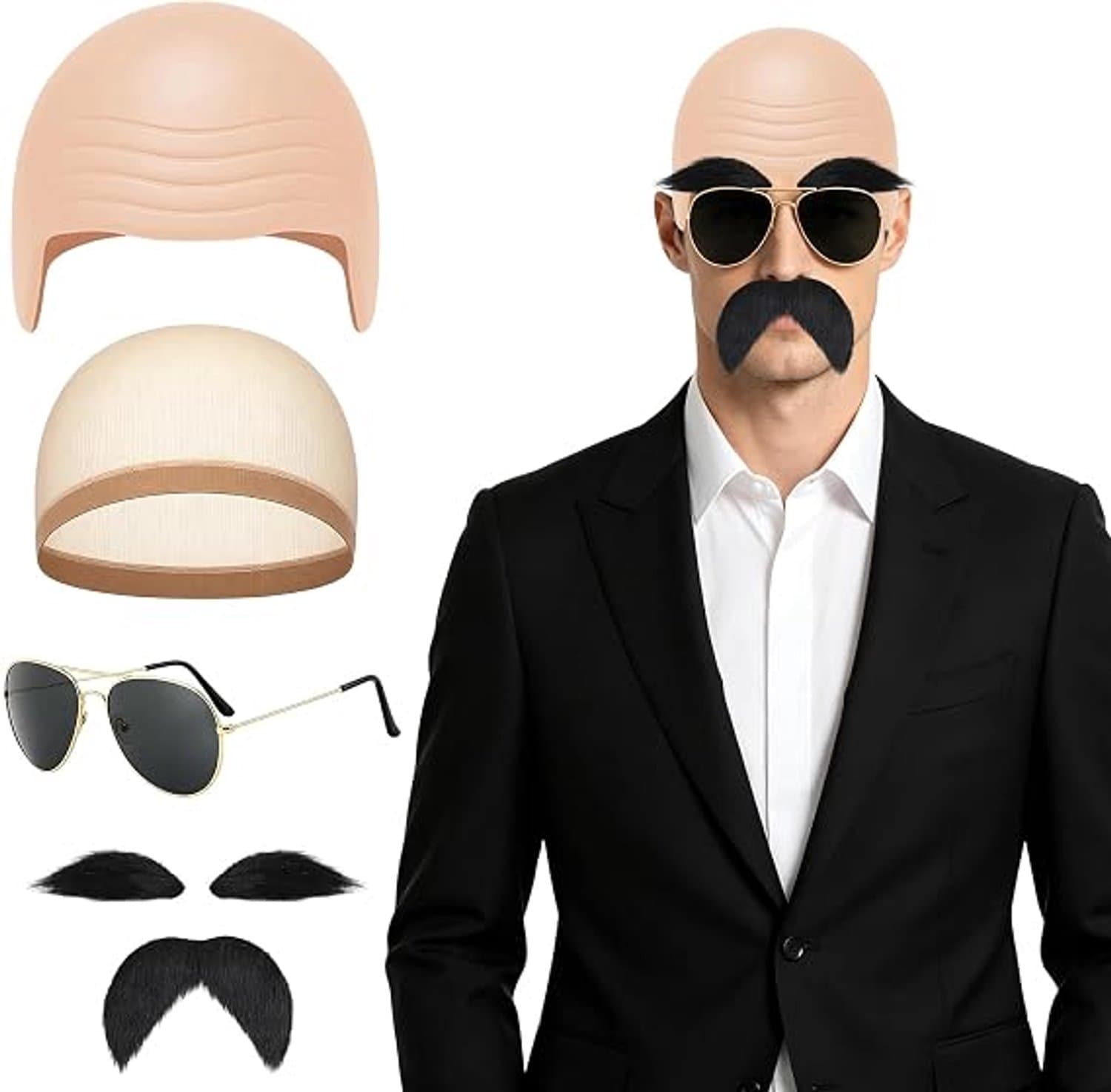 Kale kap voor verkleden - Kaal hoofd kostuumaccessoires set - Latex muts voor carnaval - Verkleedset voor Halloween cosplay - Met haarnet nepbaard zonnebril - Elastische kap voor volwassenen - Huidskleur en zwart - Set van 4 onderdelen