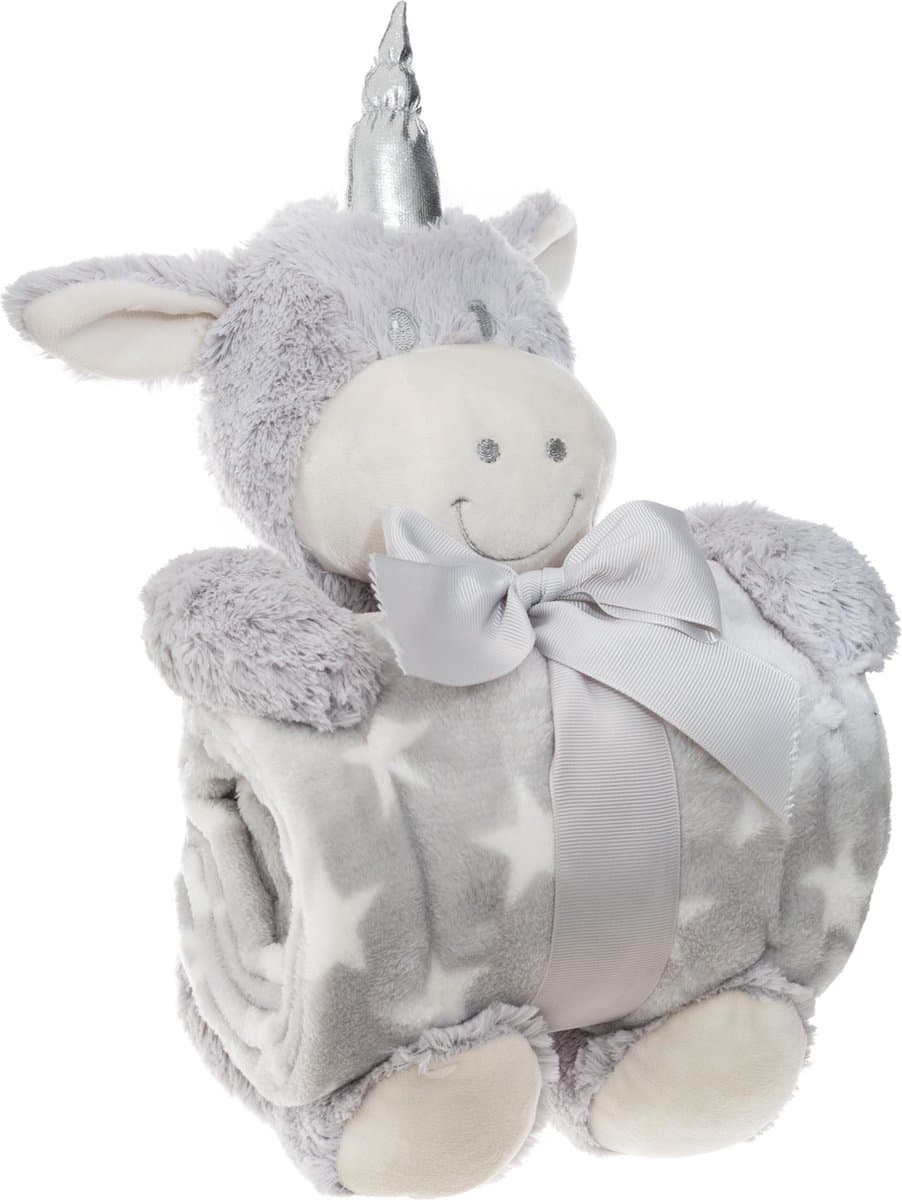 Atmosphera Pluche eenhoorn met deken grijs - Kraamcadeau - Plaid - Knuffel - Baby -  Extra zacht