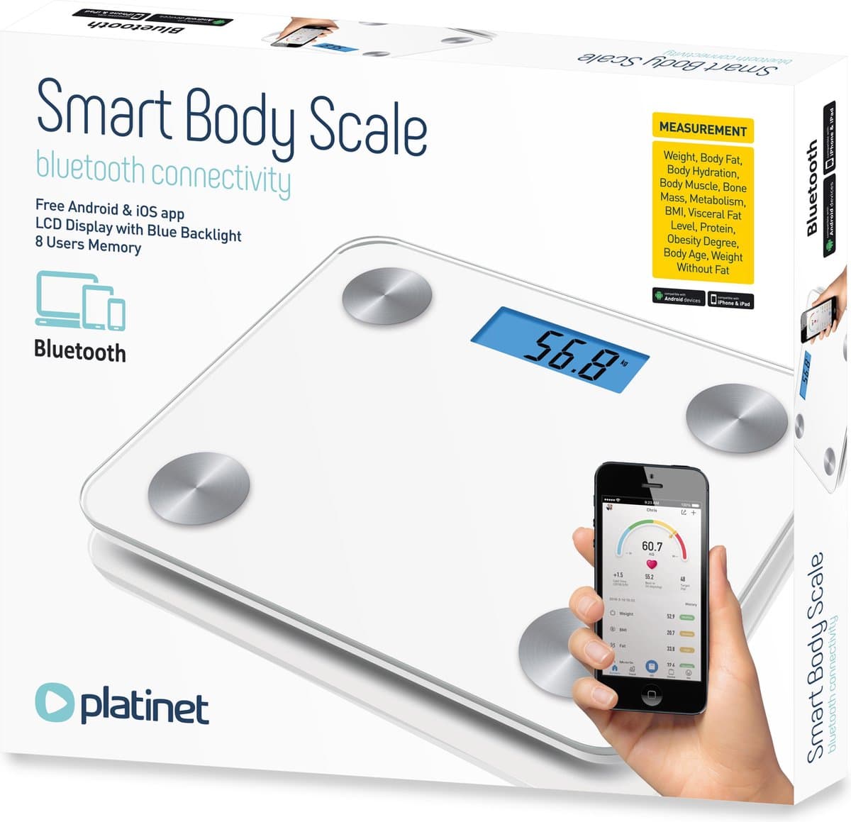 Platinet PBSBTW slimme Bluetooth personen weegschaal max. 180 Kg, incl. App wit