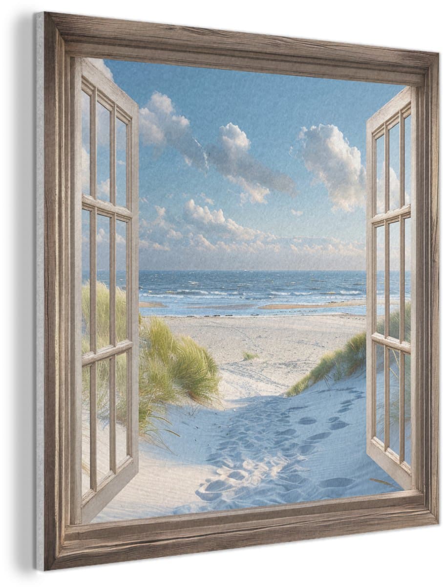 Akoestisch wandpaneel 60x60 cm - Vilt schilderij Doorkijk - Strand - Raam - Duinen - Zee - Akoestische panelen - Geluidsdempende wanddecoratie - Geluidsisolatie woonkamer - Muurdecoratie geluidspanelen