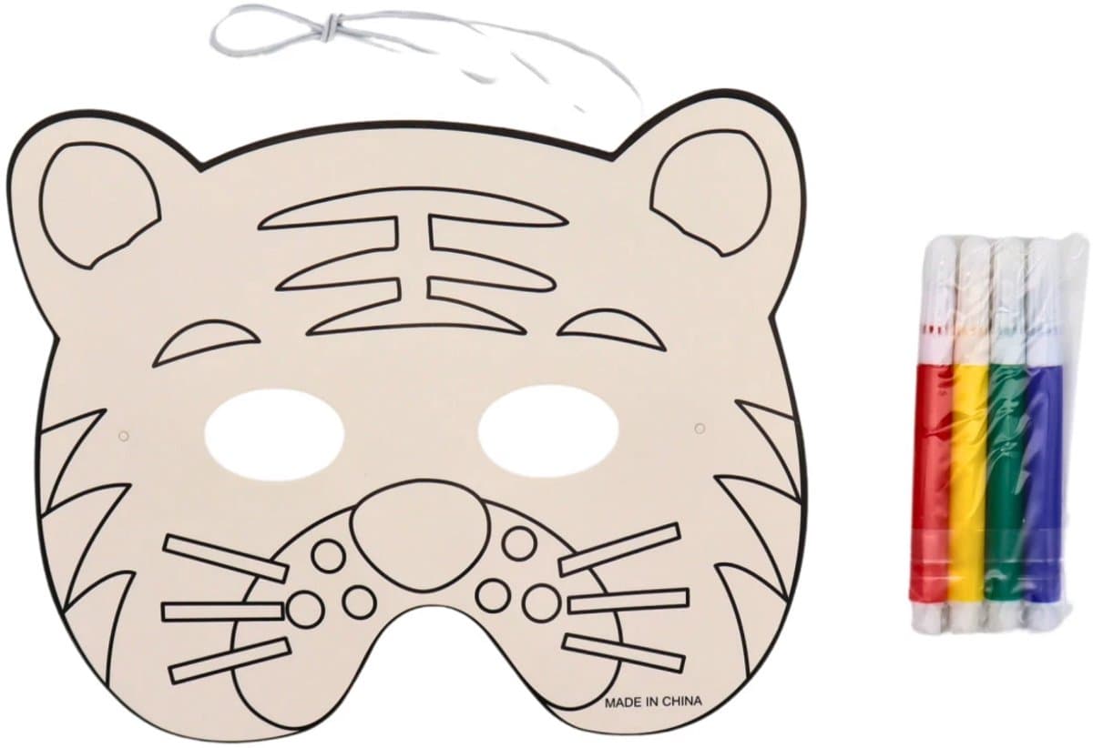 Dierenmasker Tijger - Wilde Dieren Masker - Dierentuin – Inclusief 4 kleuren Viltstiften om zelf In te Knutselen – Kinderfeestje & Uitdeelcadeau