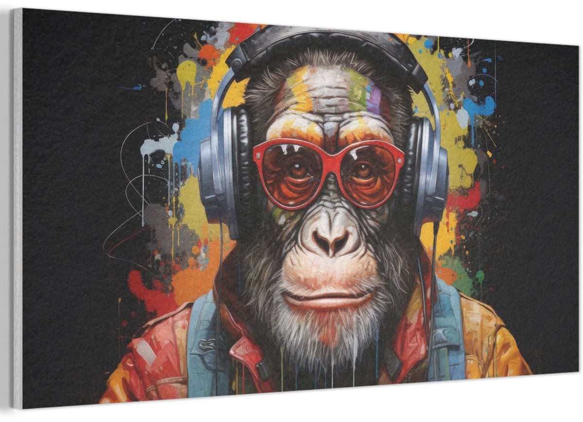 Akoestisch wandpaneel 80x40 cm - Vilt schilderij Chimpansee - Aap - dieren - Graffiti - Bril - Koptelefoon - Kleuren - Akoestische panelen - Geluidsdempende wanddecoratie - Geluidsisolatie woonkamer - Muurdecoratie geluidspanelen
