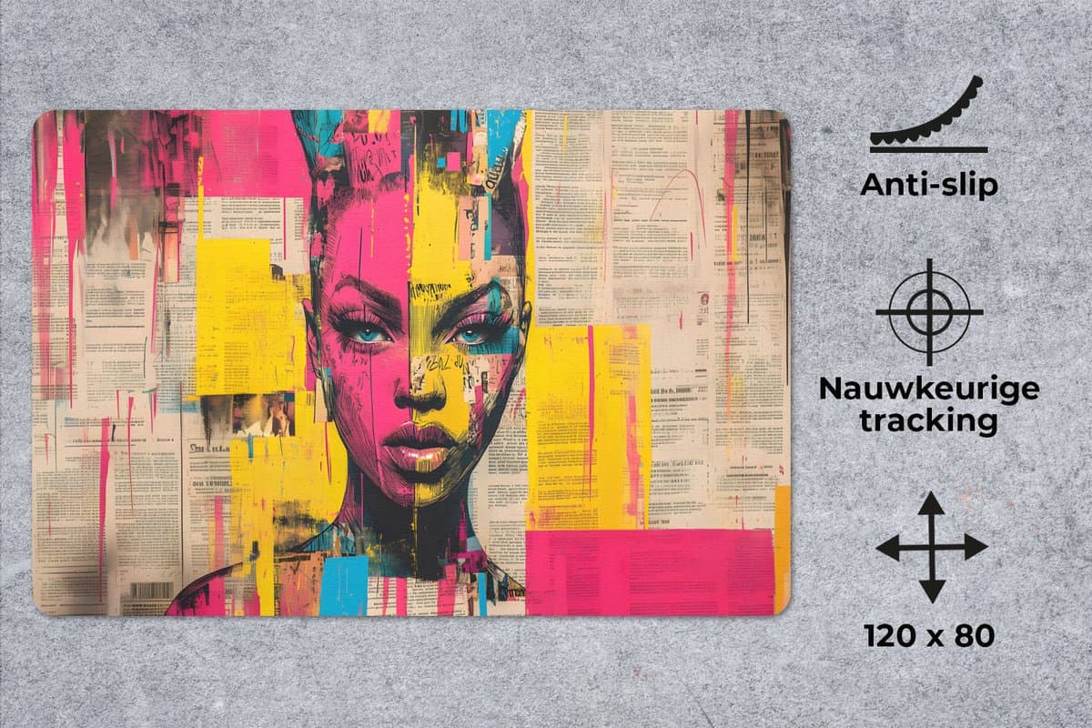 Muismat XXL 120x80 cm - Bureau onderlegger - Bureau mat Vrouwengezicht - Krantenpapier - Abstract - Roze - Bureaumat - Gaming mousepad xl - Bureaulegger groot - Computer deskmat