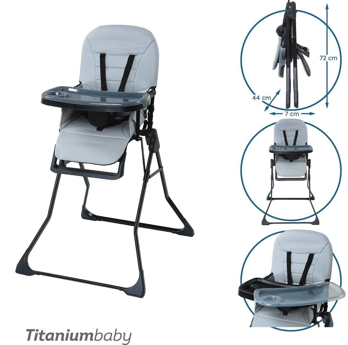 Titaniumbaby Kinderstoel Bistro Glacier Grey / Eenvoudig reinigbare bekleding / Extra afneembaar eetblad / Verstelbaar eetblad / Compact inklapbaar design